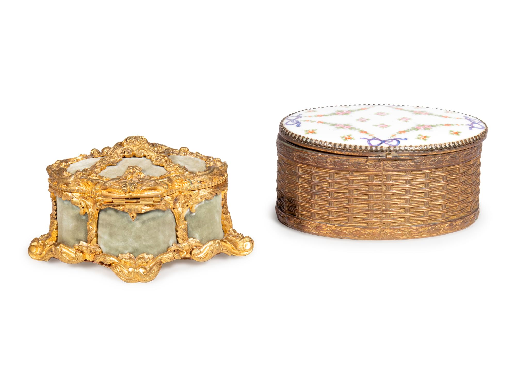 A Sèvres Style Porcelain Mounted Table Casket and a French Gilt Bronze Mounted Table Casket