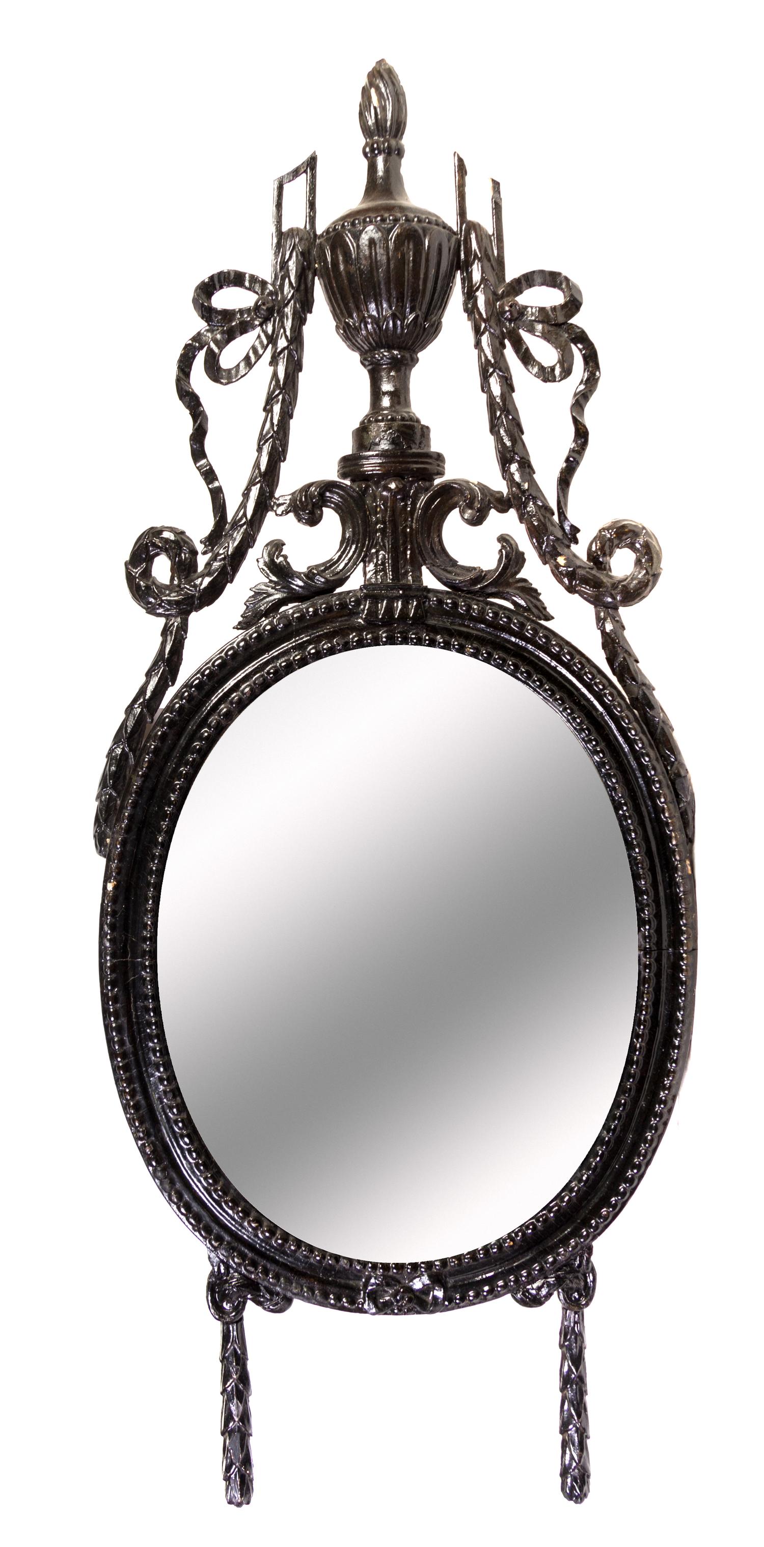 A Neoclassical Style Black Painted Mirror Height 57 inches. — 19TH CENTURY WITH LATER PAINT