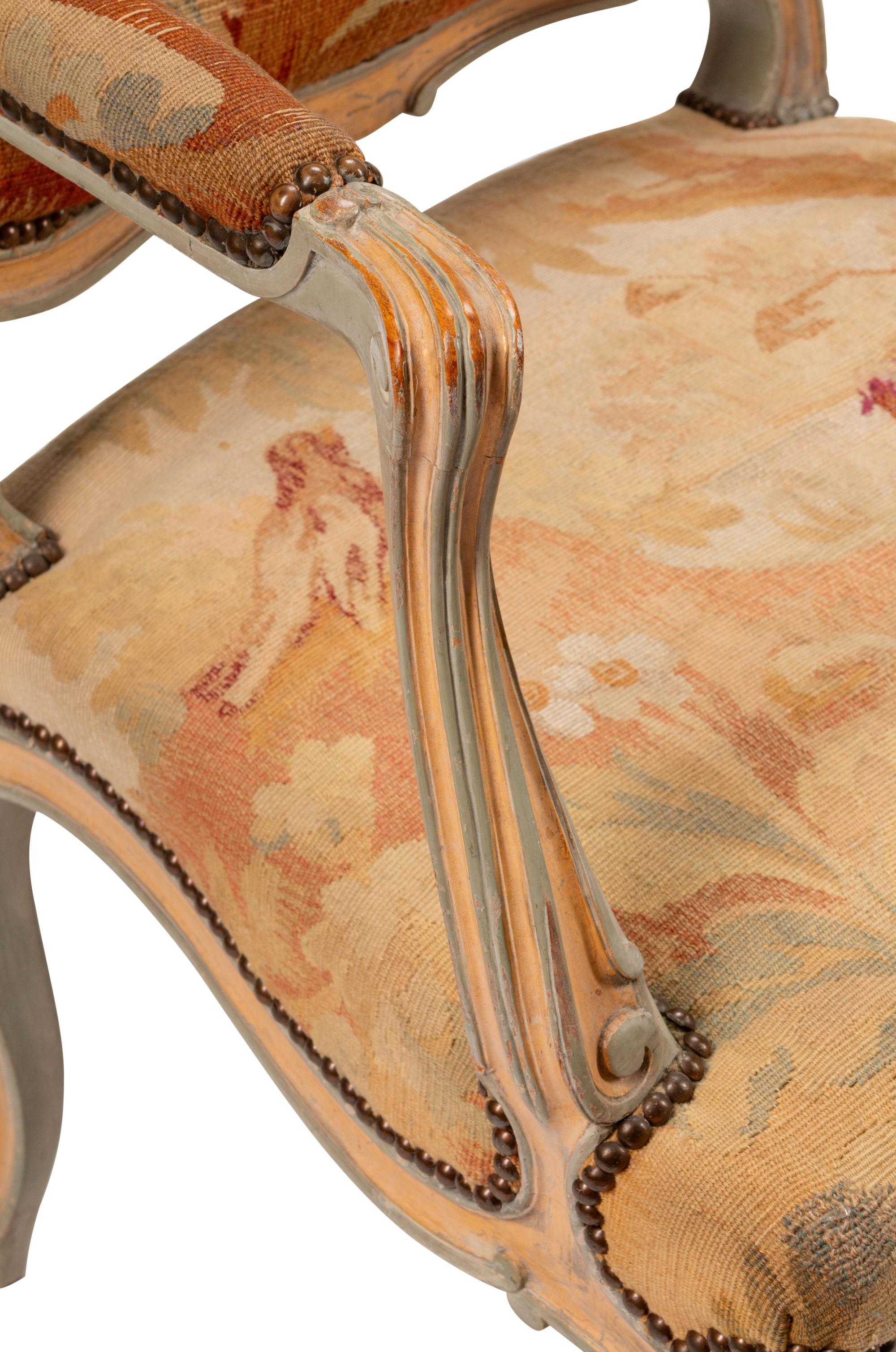 A Pair of Louis XV Style Tapestry-Upholstered and Painted Fauteuils — 19TH CENTURY