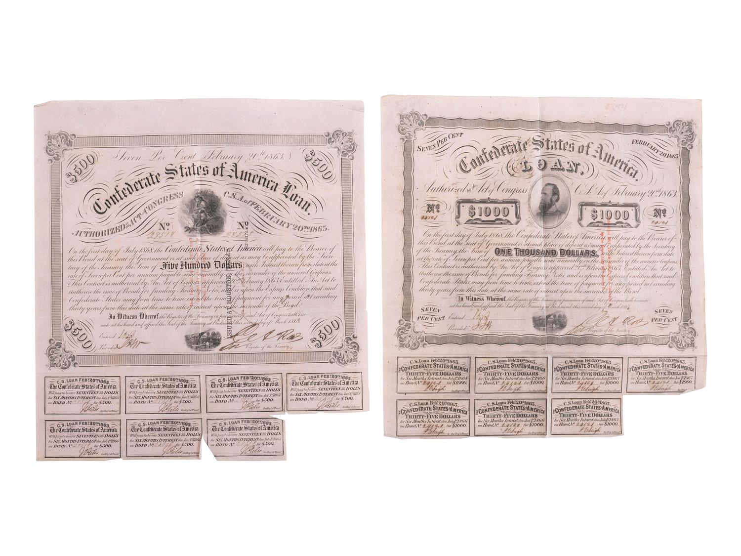 [CIVIL WAR]. A group of 2 Trans-Mississippi Issued Confederate bonds.
