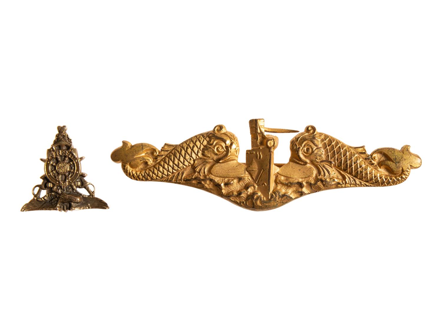 [WORLD WAR II]. US Naval Academy pin for 1923 and submariner's pin belonging to Carl K. Zimmerman, plus 1923 Lucky Bag belonging to J.B. Renn.