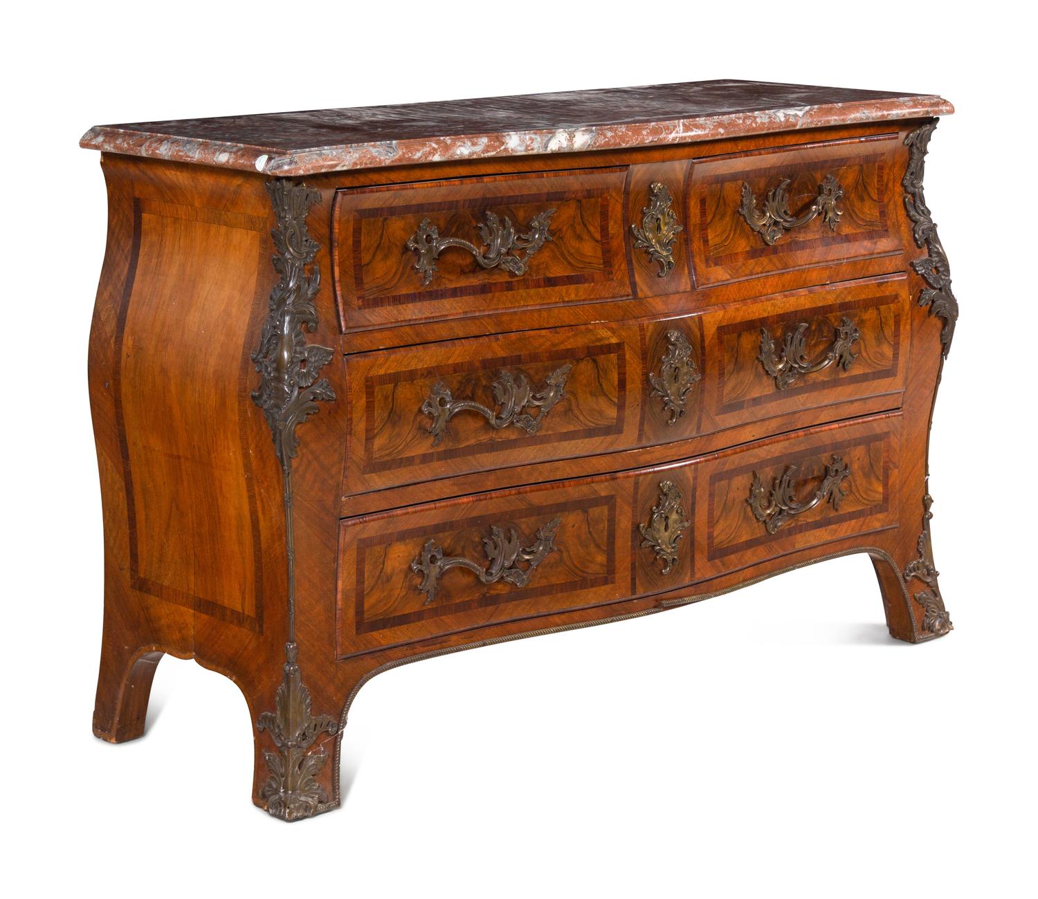 A Régence Style Rosewood-Banded Walnut Marble-Top Commode