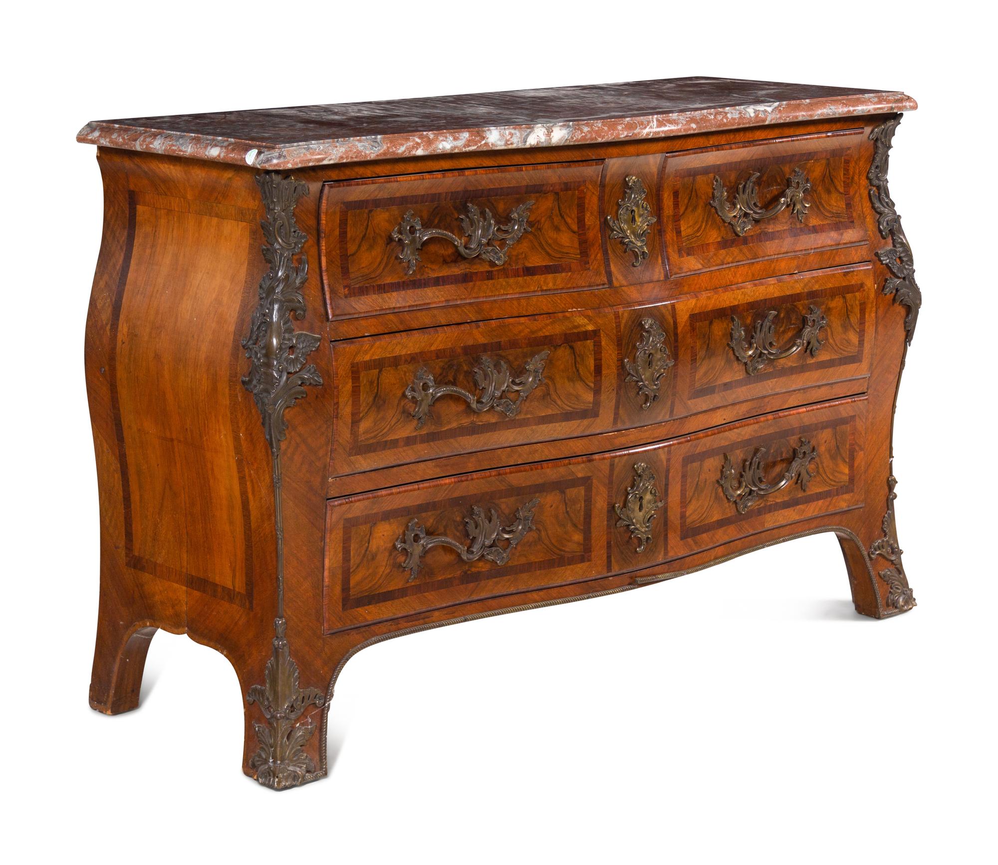 A Régence Style Rosewood-Banded Walnut Marble-Top Commode