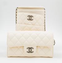 A Chanel Cream Leather Cross Body Pouch with Wallet, Bag: 5.5" x 10" x 1.5"; Wallet: 7.5" x 4.5" x 1.5".