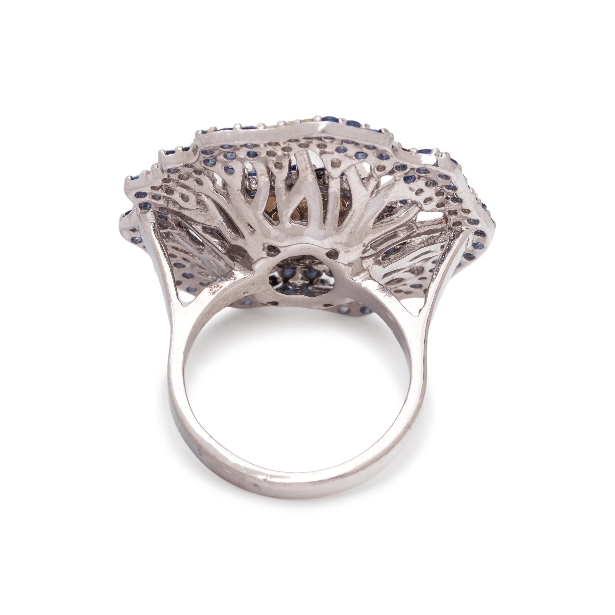 CULTURED PEARL, SAPPHIRE AND DIAMOND RING