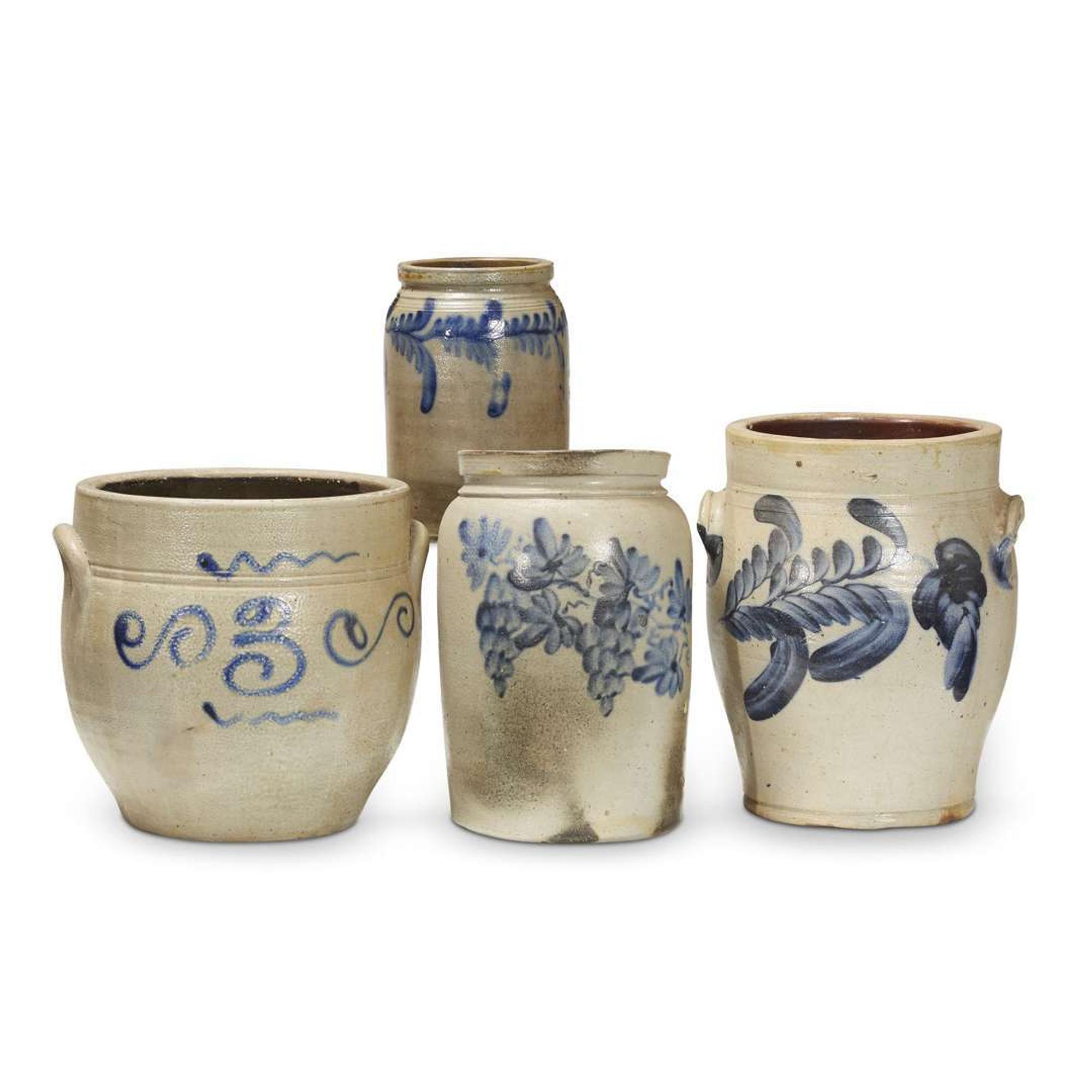 Four cobalt-decorated stoneware crocks Pennsylvania or Mid-Atlantic States, 19th century