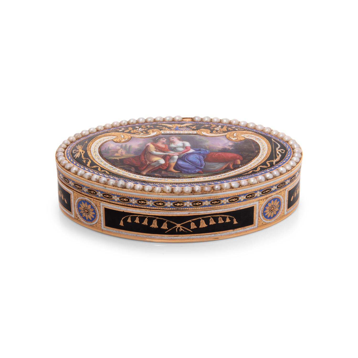 A Swiss Gold, Enamel and Split-Pearl Mounted Snuff Box