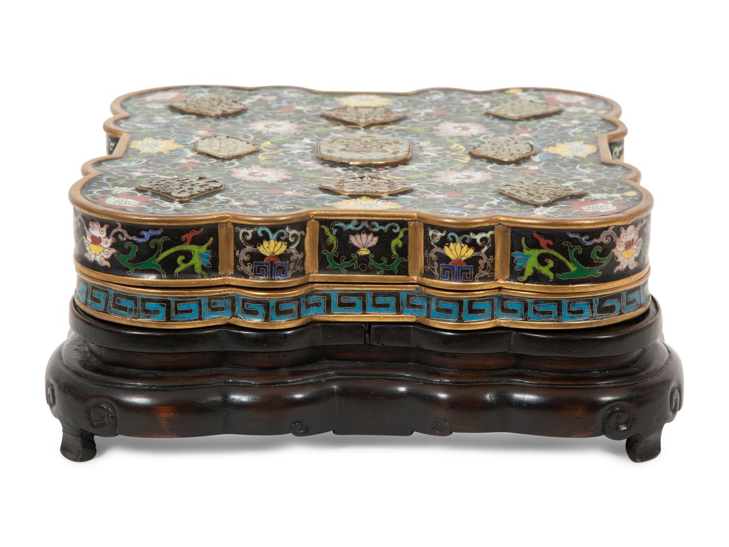 A Chinese Cloisonné Box with Hardstone-Inset Lid