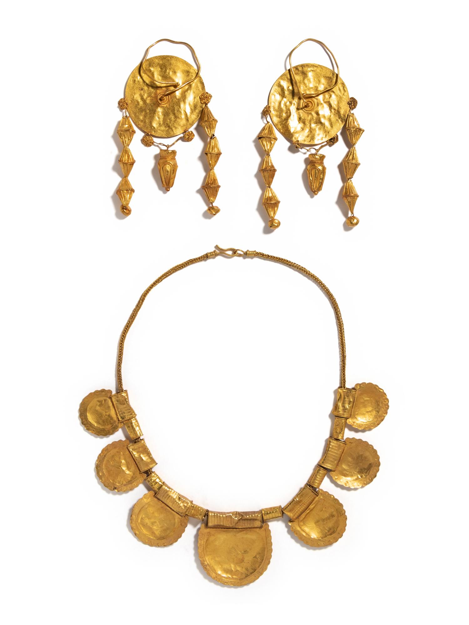 An Etruscan Revival Gold Collar Necklace with a Pair of Etruscan Revival Gold Ear Pendants