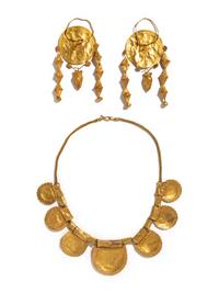 An Etruscan Revival Gold Collar Necklace with a Pair of Etruscan Revival Gold Ear Pendants
