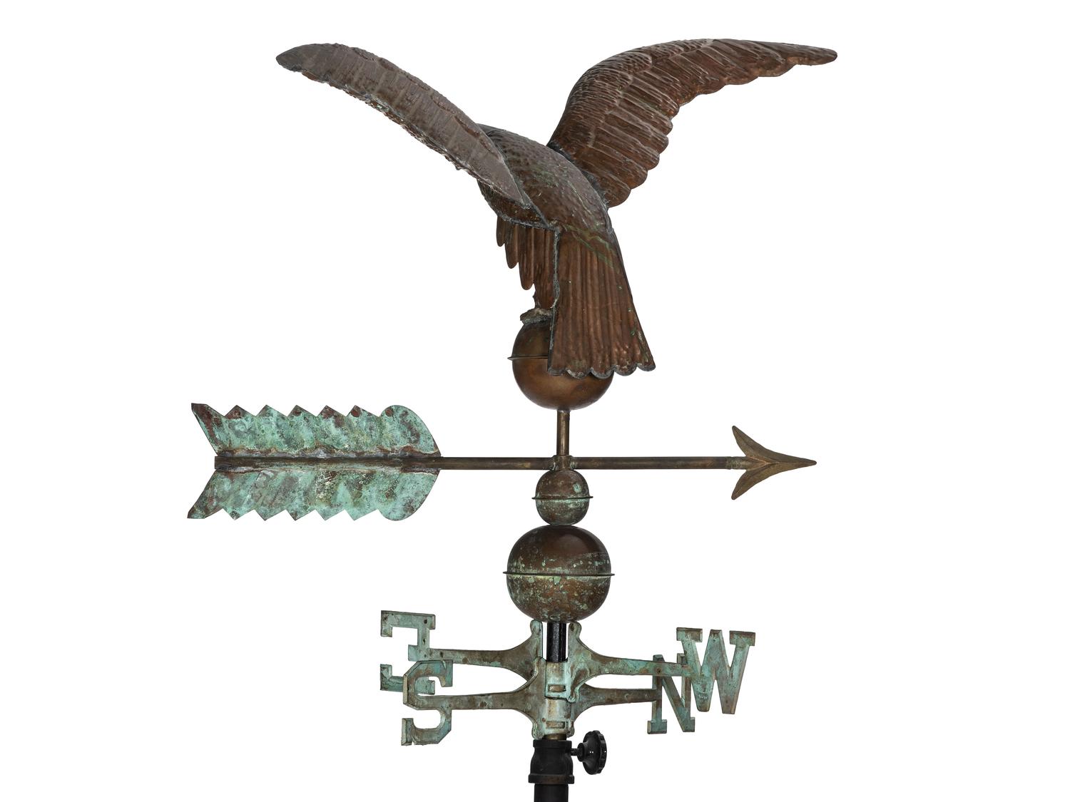 A Molded Copper Seagull-Form Weathervane on Stand