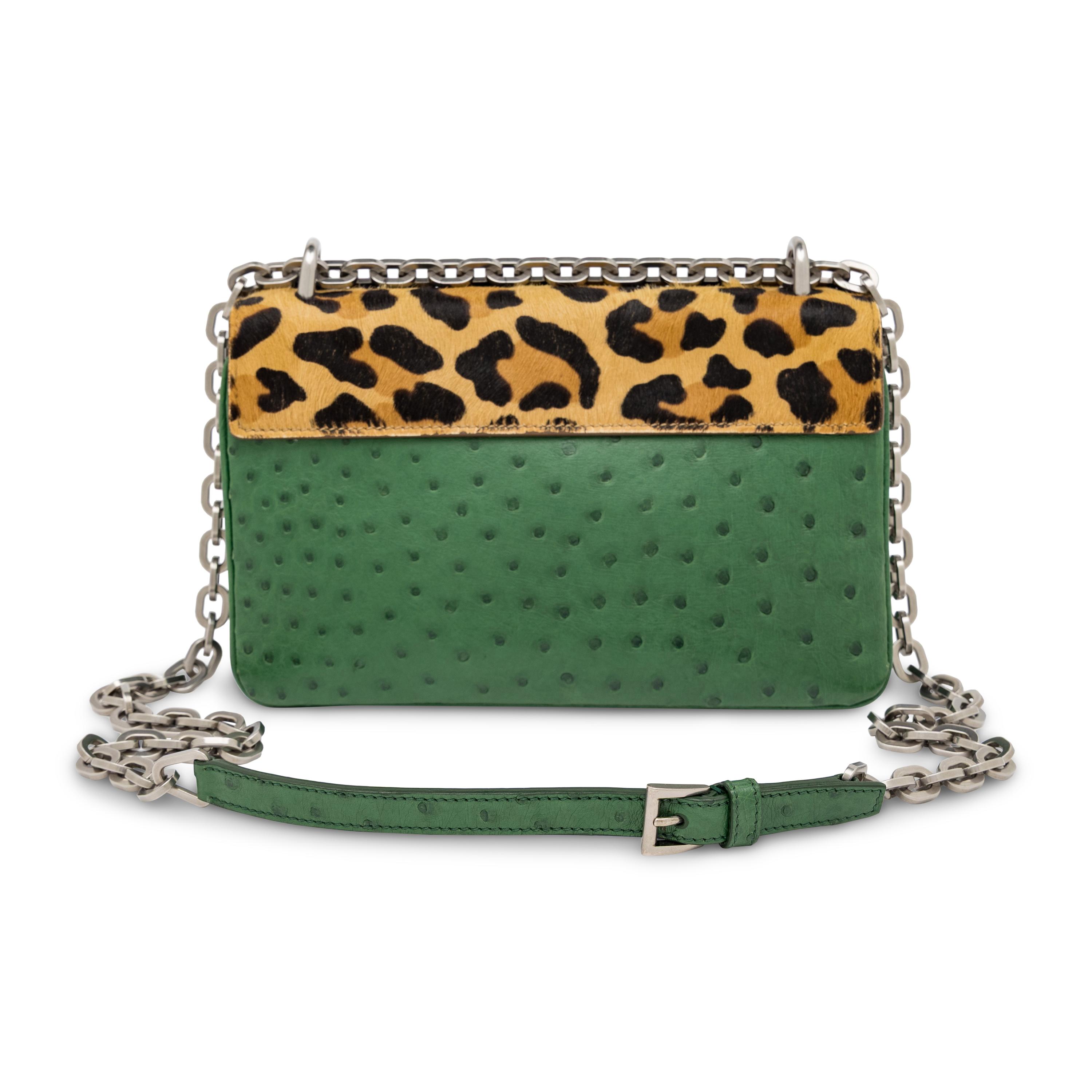 Prada, Shoulder Bag in Leopard-Print Pony Hair & Green Ostrich