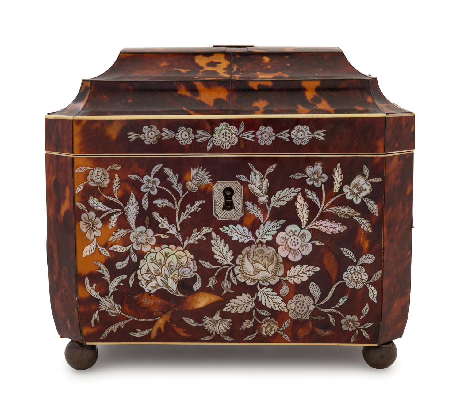 A Regency Mother-of-Pearl Inlaid Tortoiseshell Tea Caddy