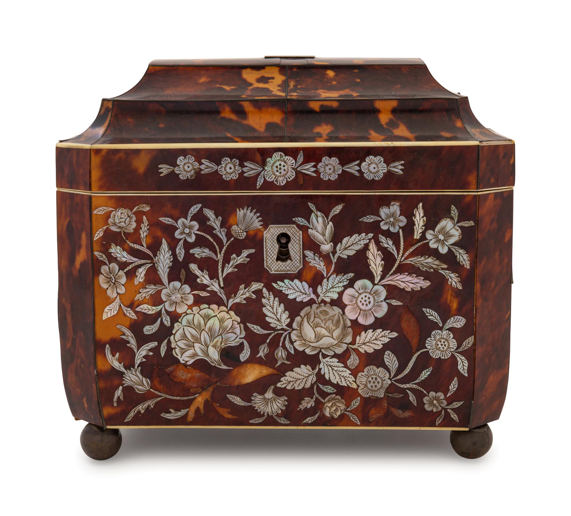 A Regency Mother-of-Pearl Inlaid Tortoiseshell Tea Caddy