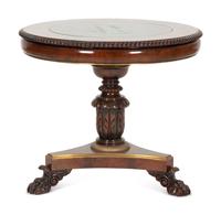 A Regency Style Mahogany and Rosewood Crossbanded Center Table with Inset Marble Top
