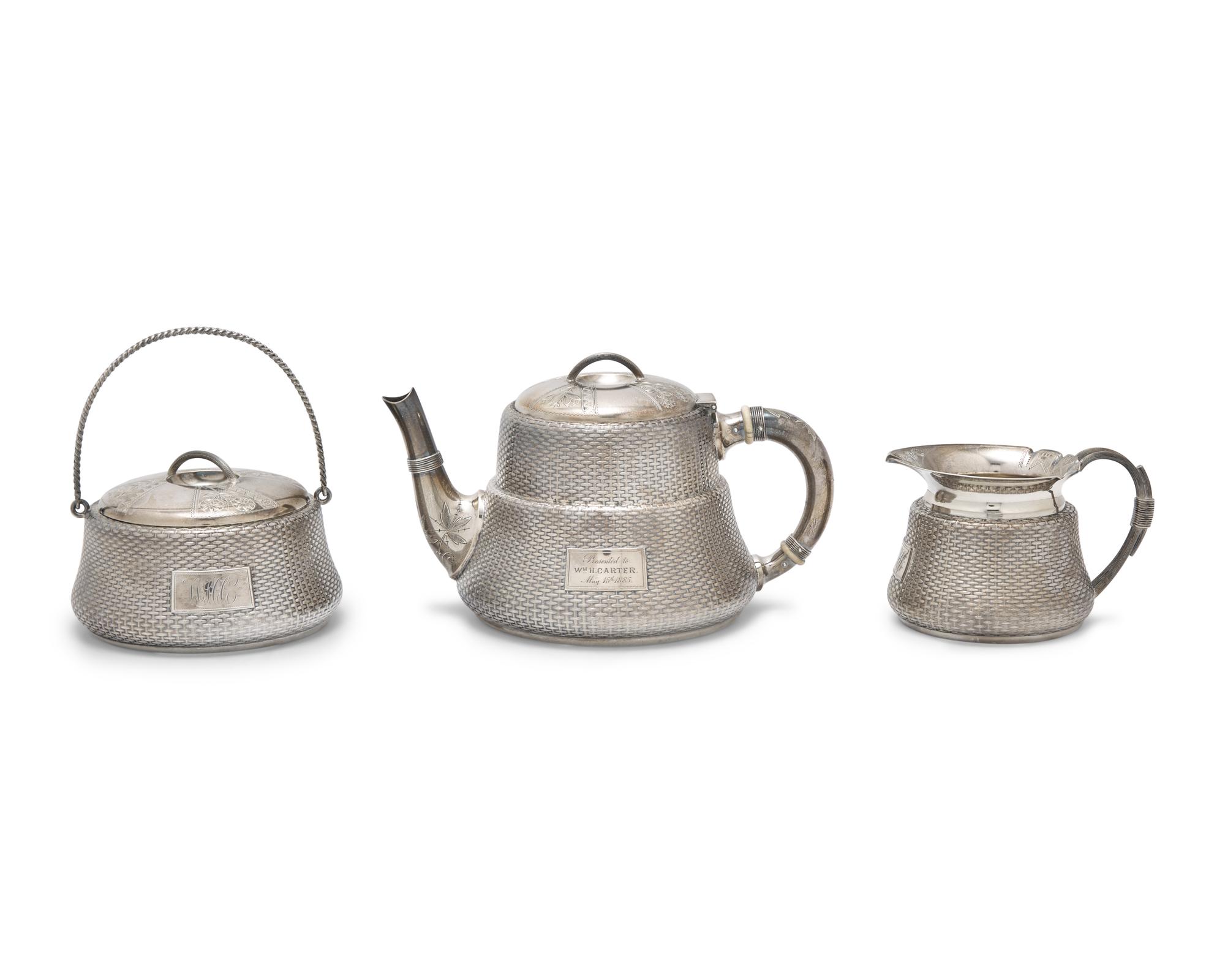 A Three-Piece Sterling Silver "Basket Weave" Tea Service