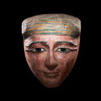 An Egyptian Polychrome Wood Mummy Mask with Bronze Inlays