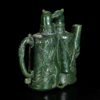 An unusual Chinese spinach jade archaistic "Double-bird" ewer 双天鸡碧玉壶