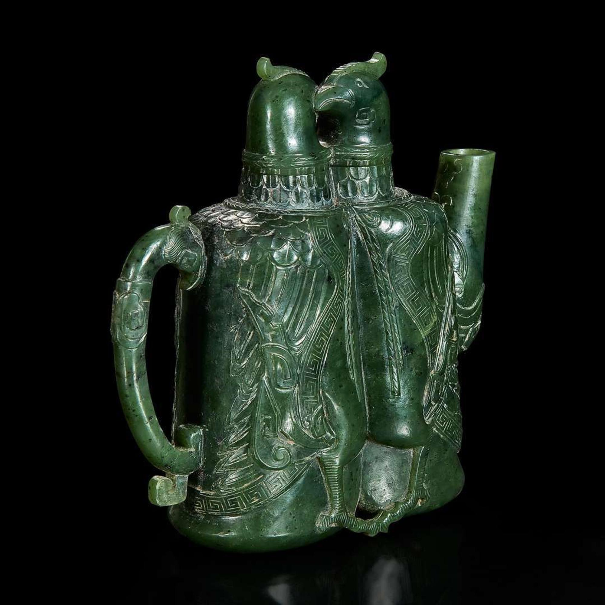 An unusual Chinese spinach jade archaistic "Double-bird" ewer 双天鸡碧玉壶