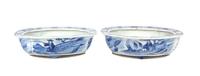 A Pair of Chinese Export Blue and White Porcelain Footed Bowls Width 10 3/4 inches.