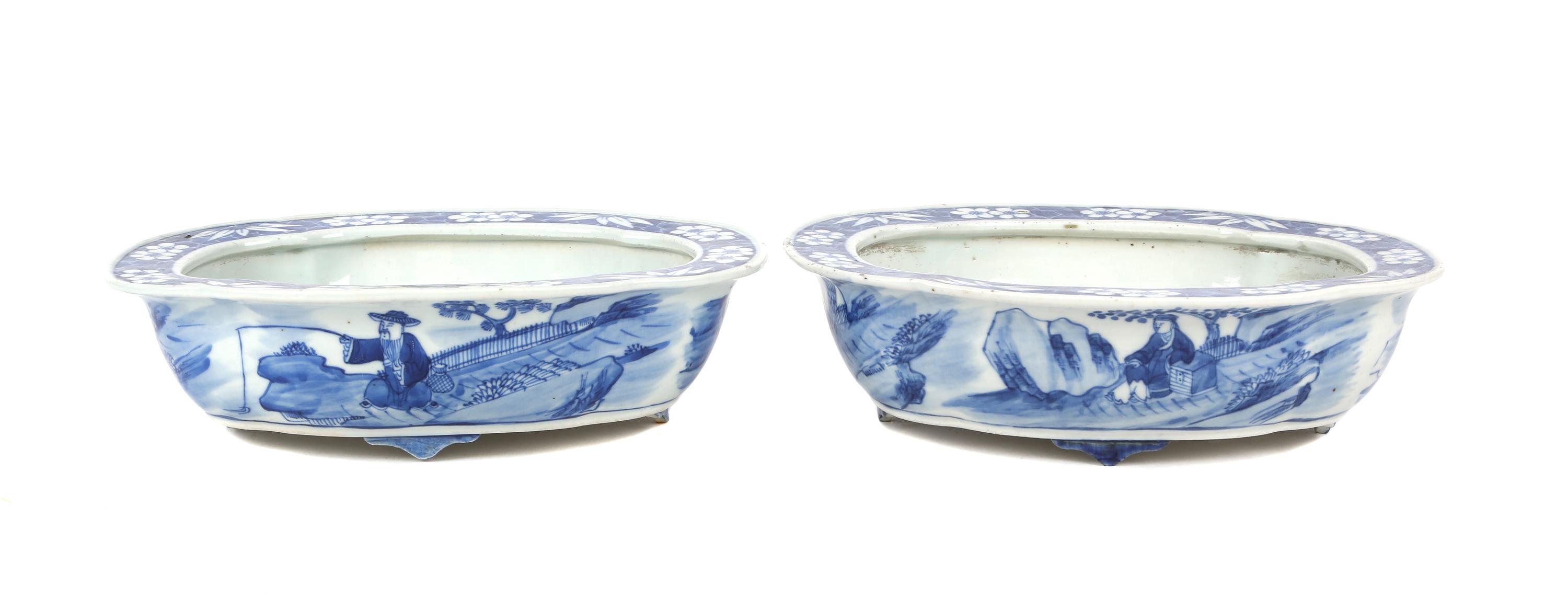 A Pair of Chinese Export Blue and White Porcelain Footed Bowls Width 10 3/4 inches.