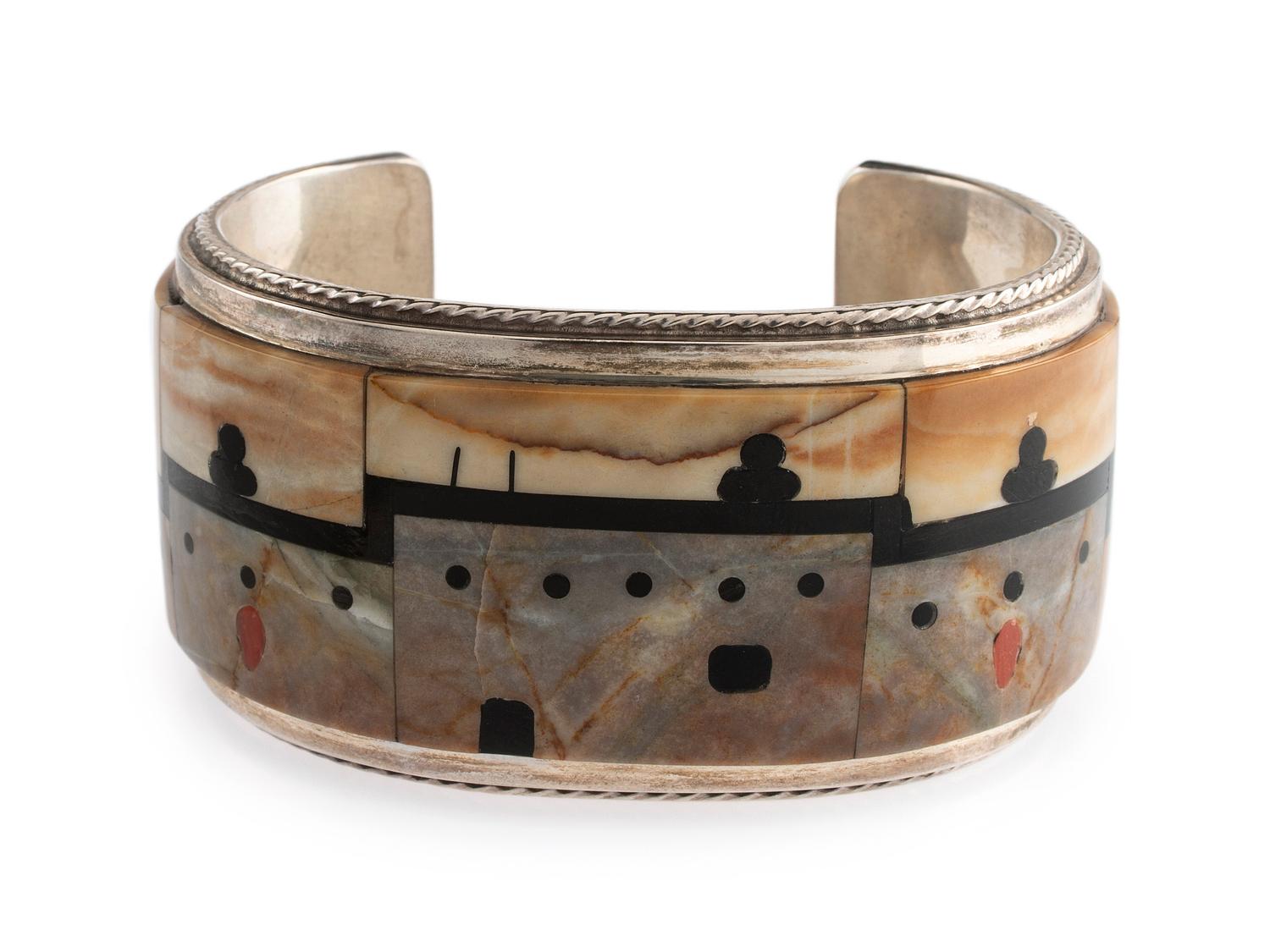 Sterling Silver Cuff Bracelet, with Mosaic Inlay Pueblo Scene