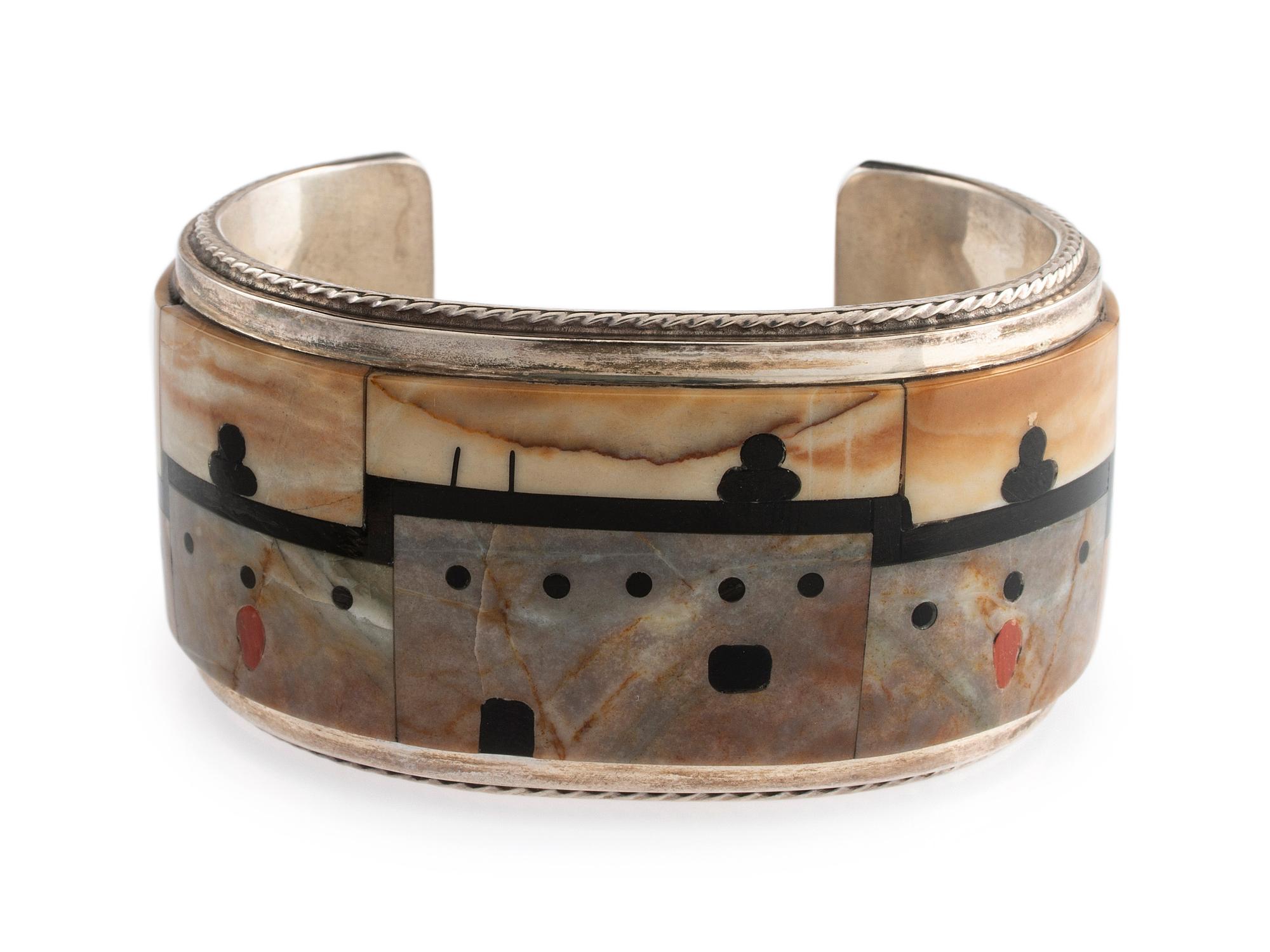 Sterling Silver Cuff Bracelet, with Mosaic Inlay Pueblo Scene
