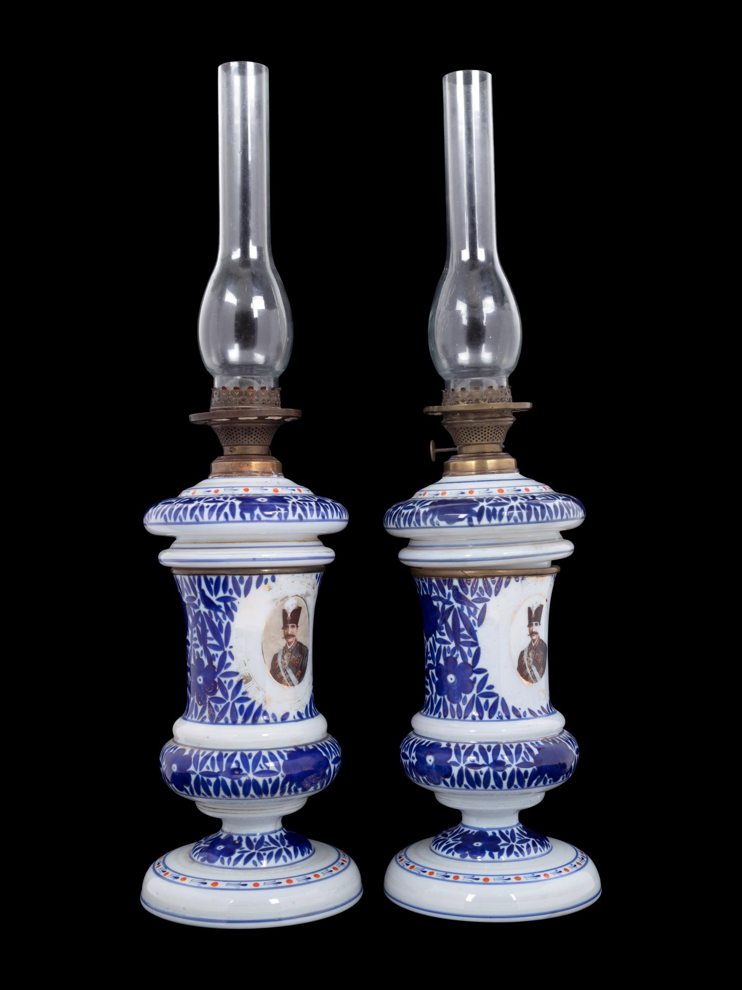 A Pair of Persian Market Opaline Glass Oil Lamps