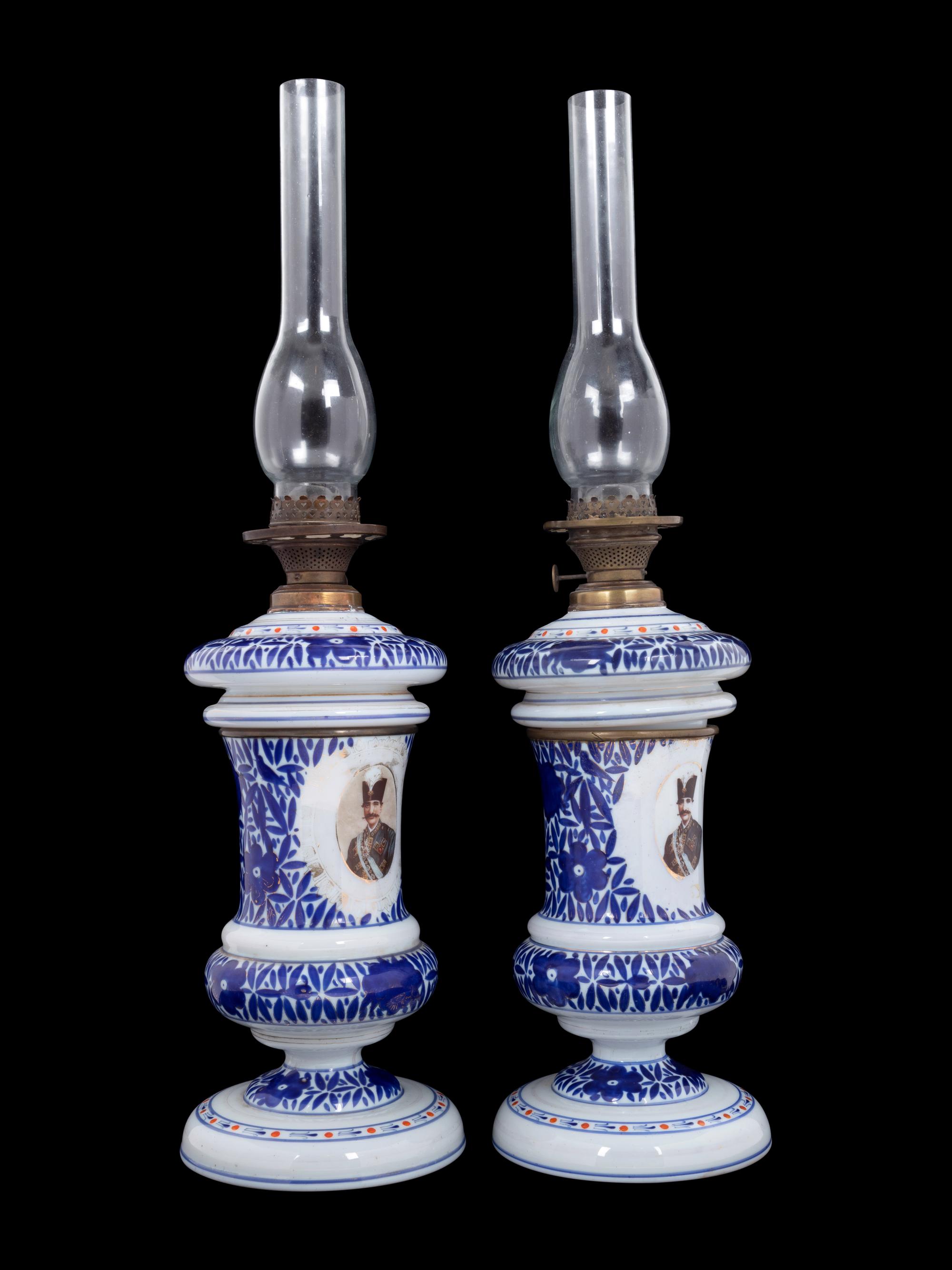 A Pair of Persian Market Opaline Glass Oil Lamps
