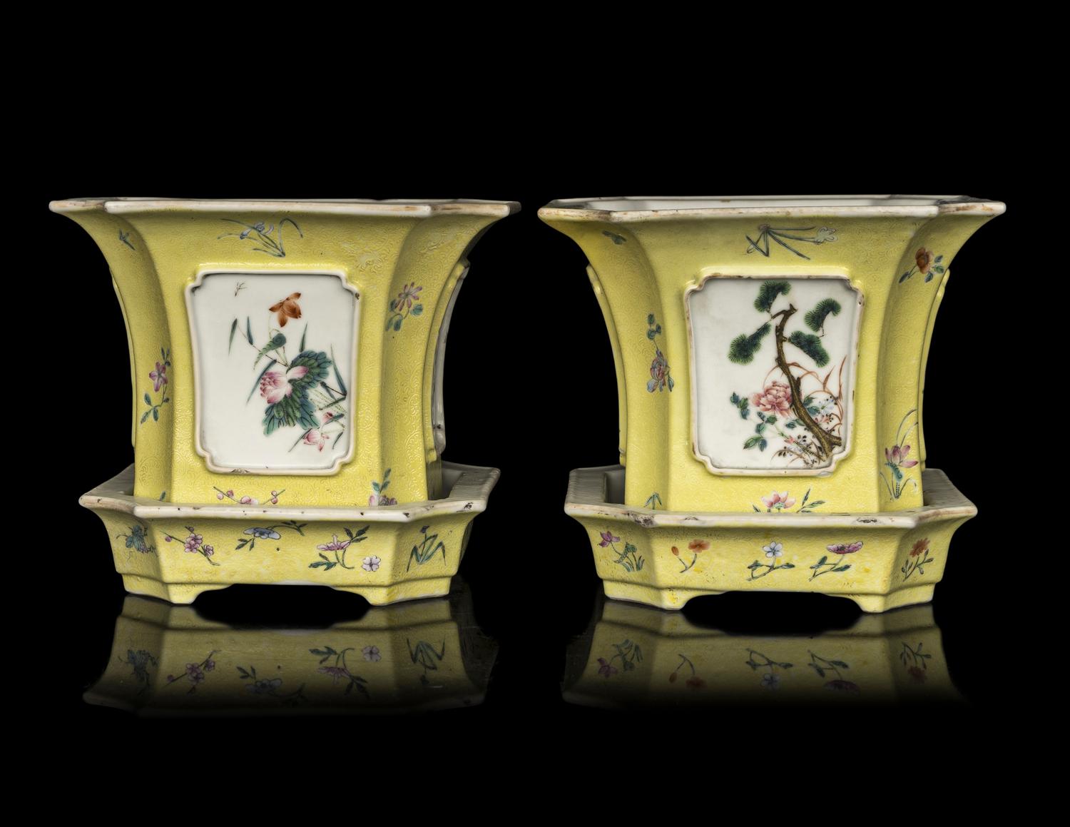 A Pair of Chinese Sgraffito Yellow Ground Famille Rose Porcelain Cache Pots