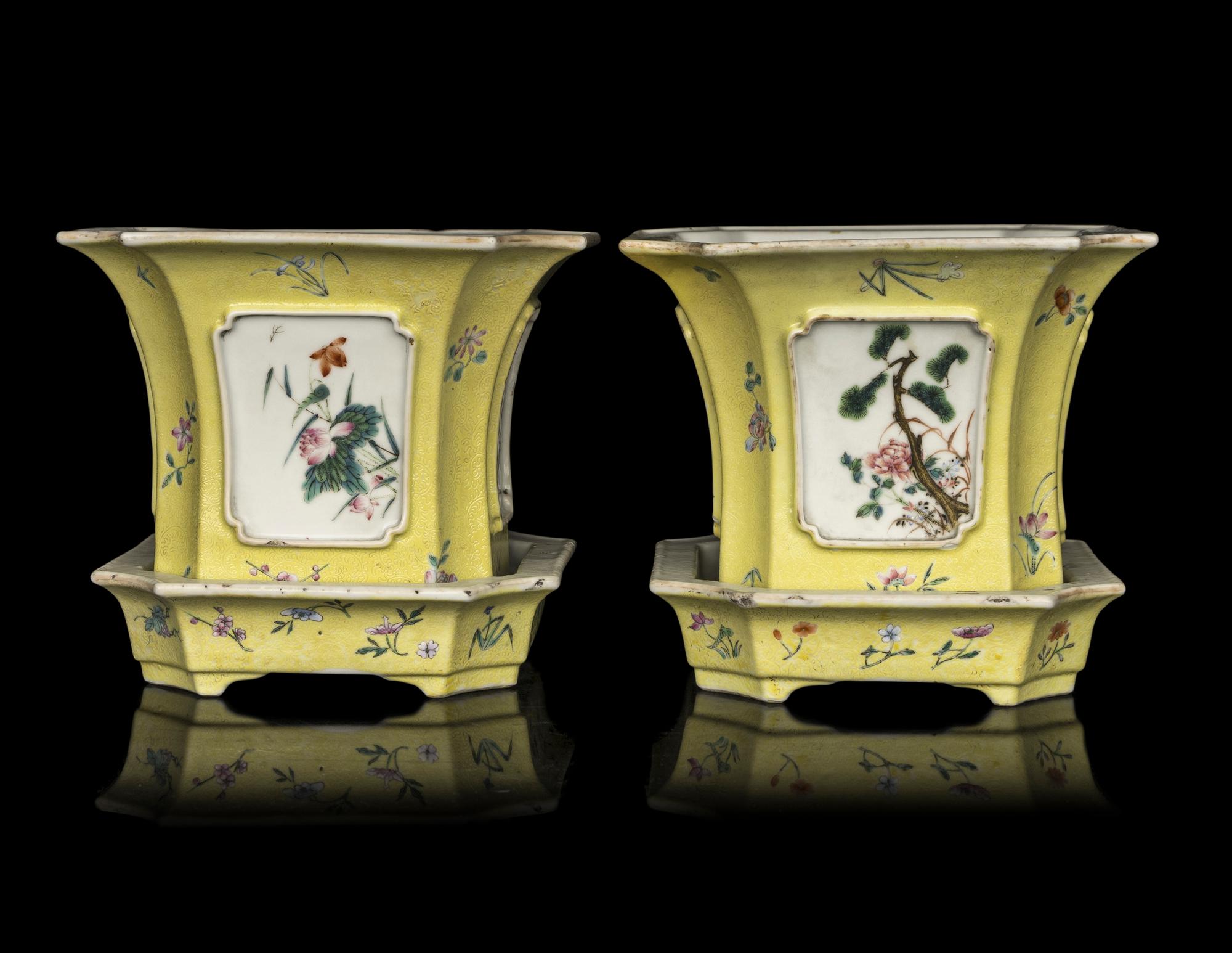 A Pair of Chinese Sgraffito Yellow Ground Famille Rose Porcelain Cache Pots