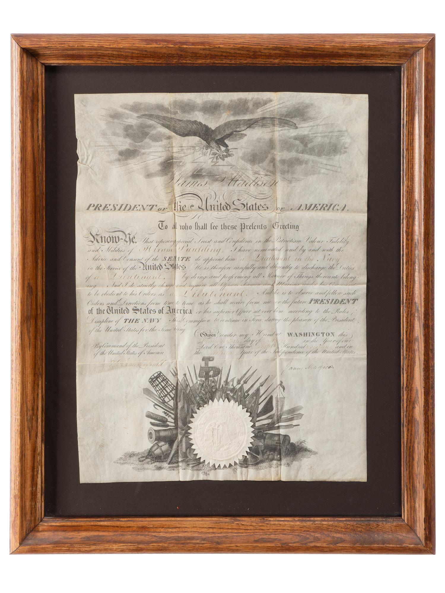 MADISON, James (1751-1836). [PAULDING, Hiram (1797-1878)]. Partly-printed appointment signed ("James Madison"), as President of the United States. Washington, DC. 27 April 1816.