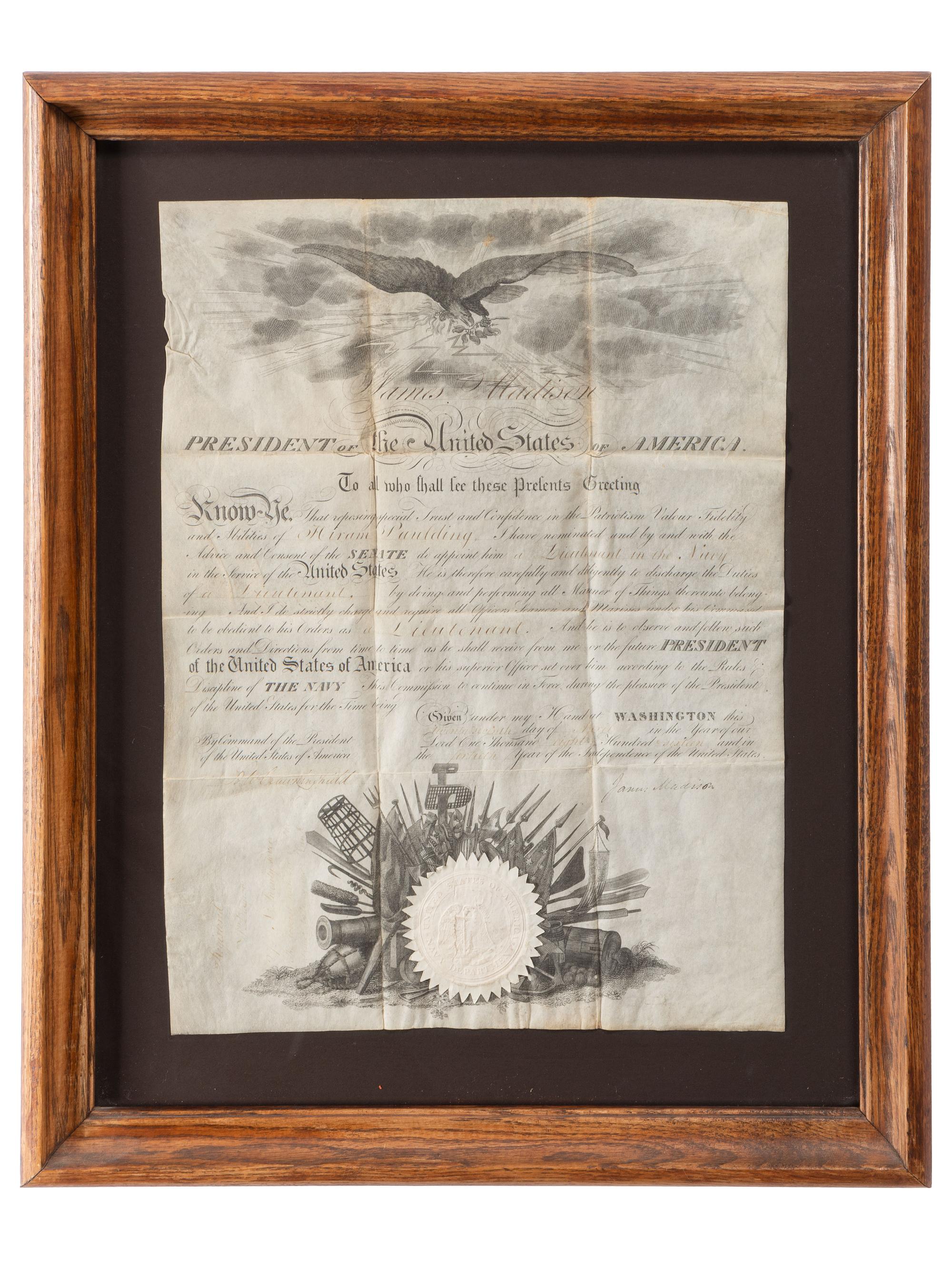 MADISON, James (1751-1836). [PAULDING, Hiram (1797-1878)]. Partly-printed appointment signed ("James Madison"), as President of the United States. Washington, DC. 27 April 1816.
