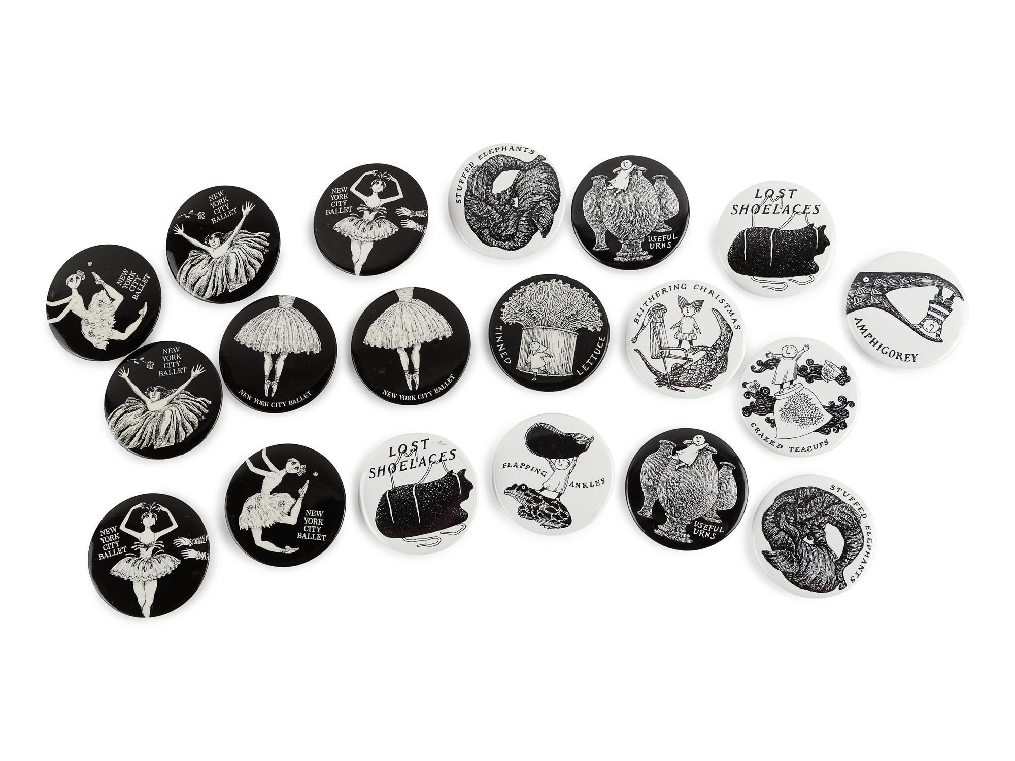 GOREY, Edward. A group of buttons, clothing, towels and a tote bag.