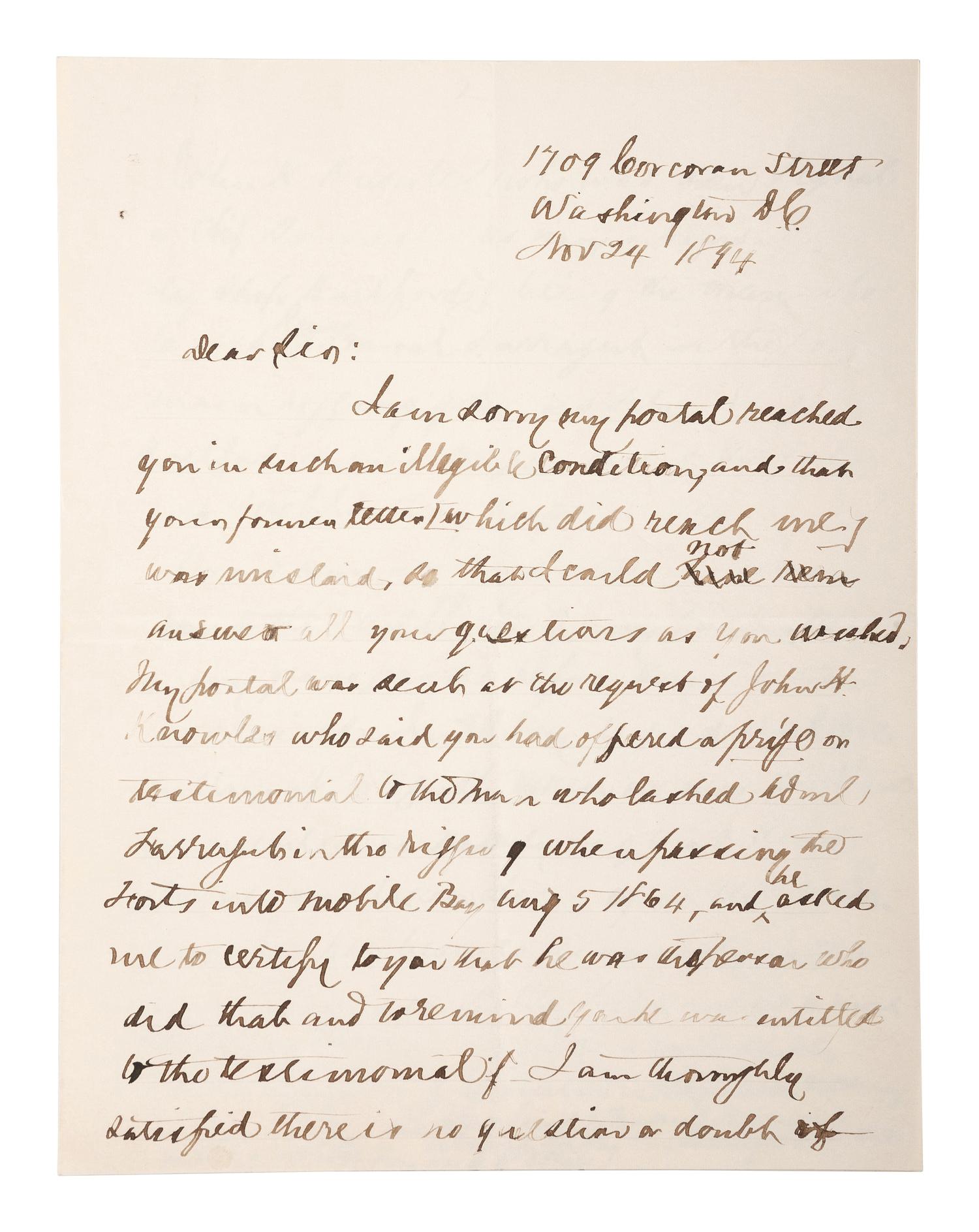 [CIVIL WAR - NAVY]. A group of 9 documents related to Robert Coster and his efforts to confirm the identity of the man who lashed Rear Admiral David G. Farragut to the rigging of the Hartford at the Battle of Mobile Bay.