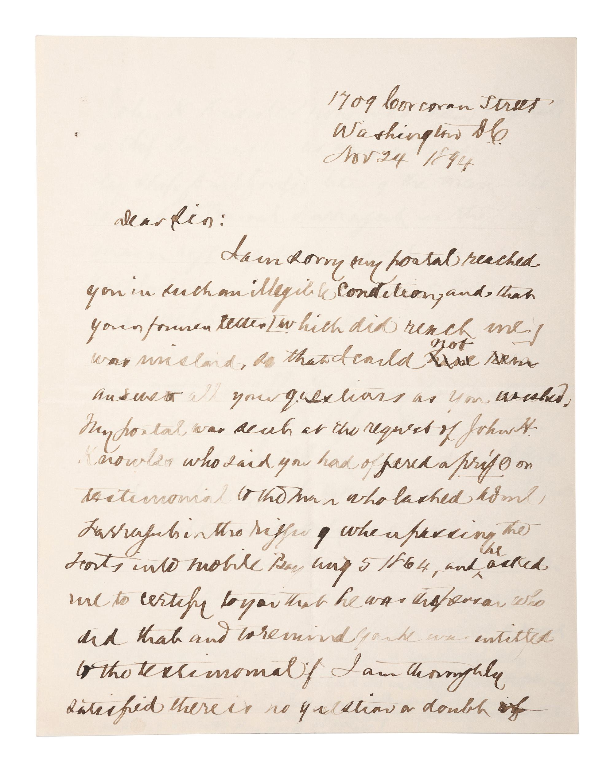 [CIVIL WAR - NAVY]. A group of 9 documents related to Robert Coster and his efforts to confirm the identity of the man who lashed Rear Admiral David G. Farragut to the rigging of the Hartford at the Battle of Mobile Bay.