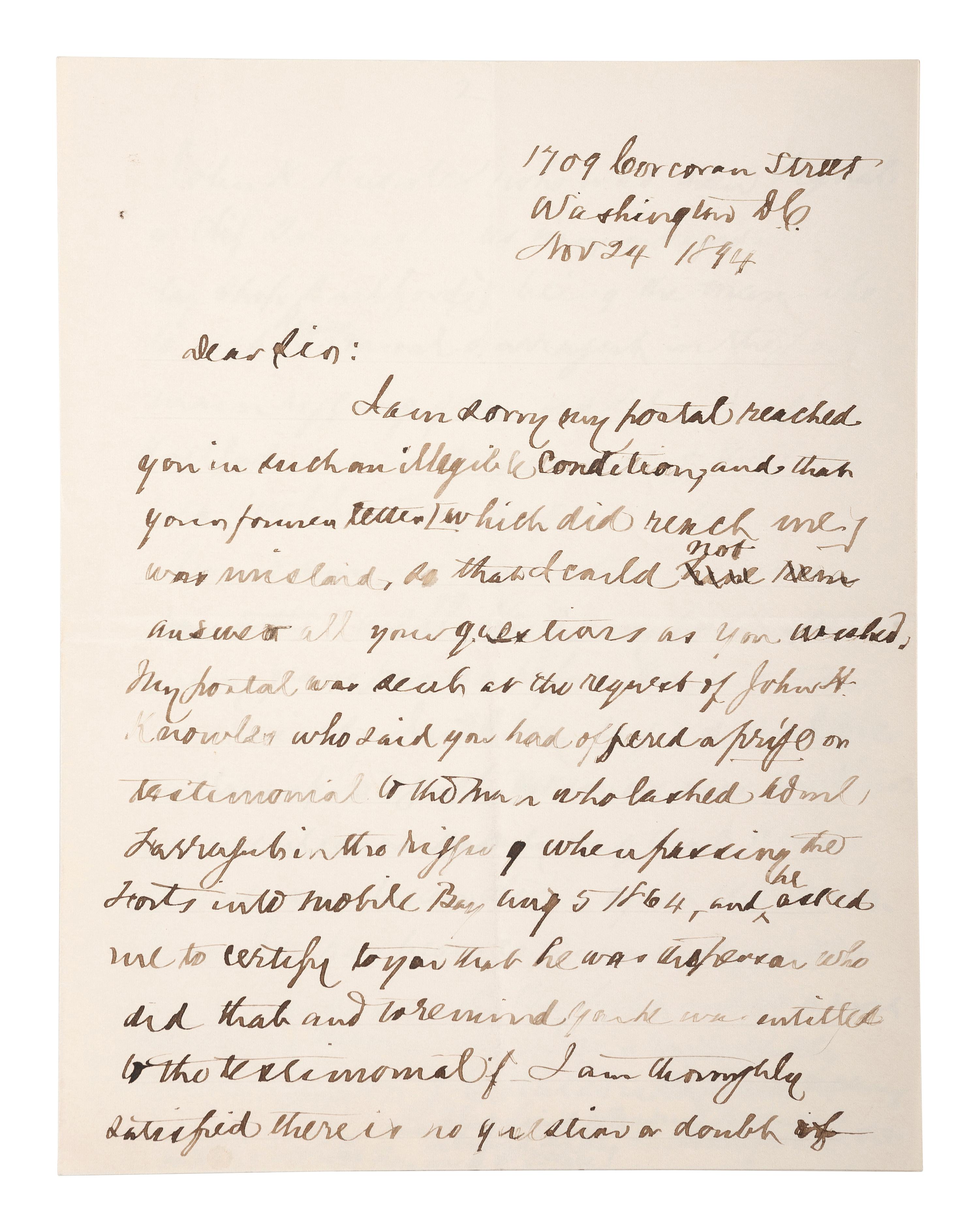 [CIVIL WAR - NAVY]. A group of 9 documents related to Robert Coster and his efforts to confirm the identity of the man who lashed Rear Admiral David G. Farragut to the rigging of the Hartford at the Battle of Mobile Bay.