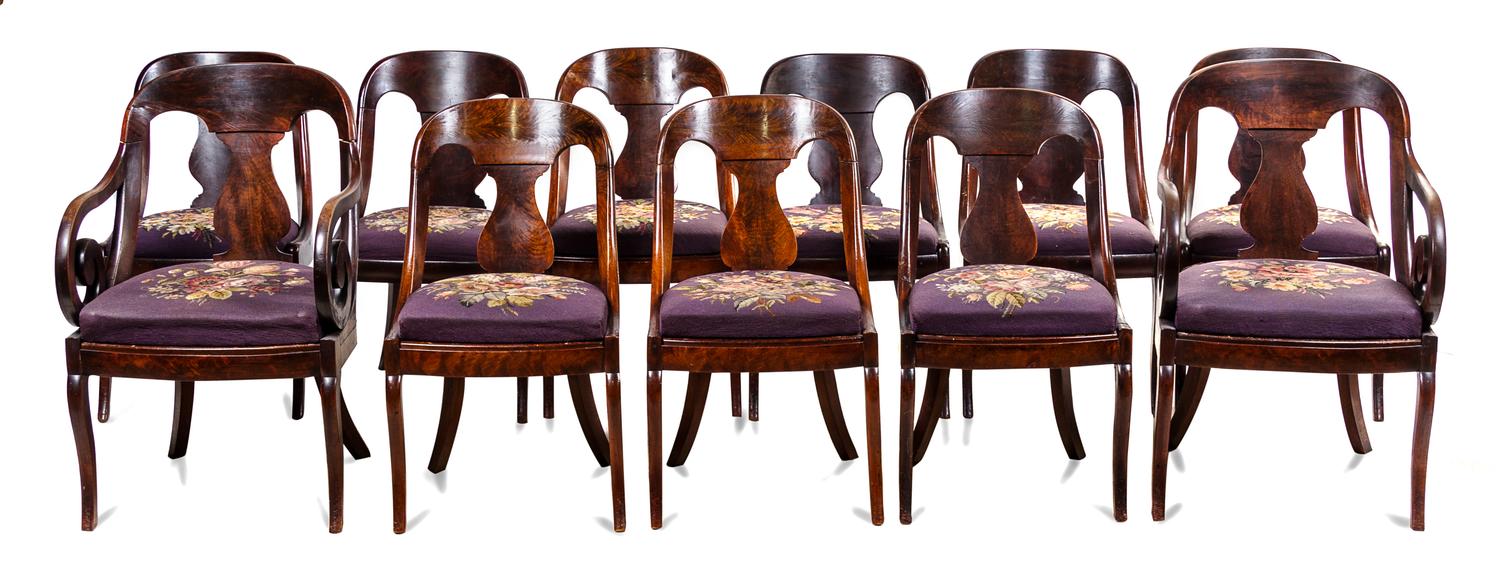 A Set of Eleven American Empire Mahogany Dining Chairs Height of armchair 34 3/4 inches. — MID-19TH CENTURY