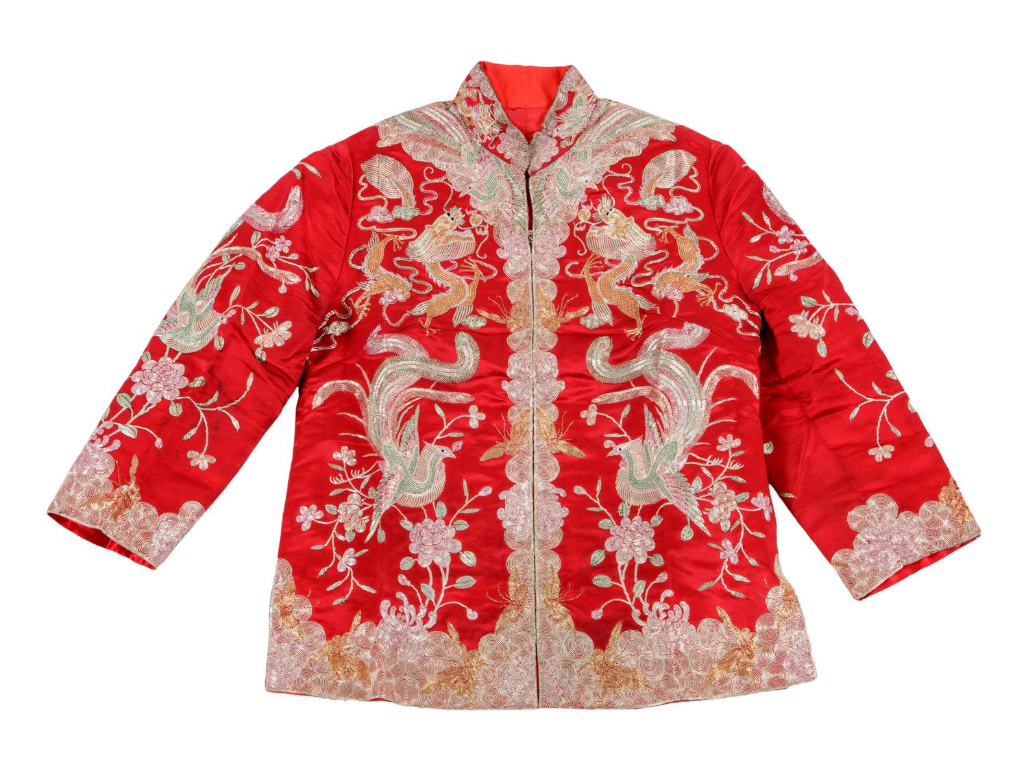 A Chinese Embroidered Silk Wedding Gown and Skirt