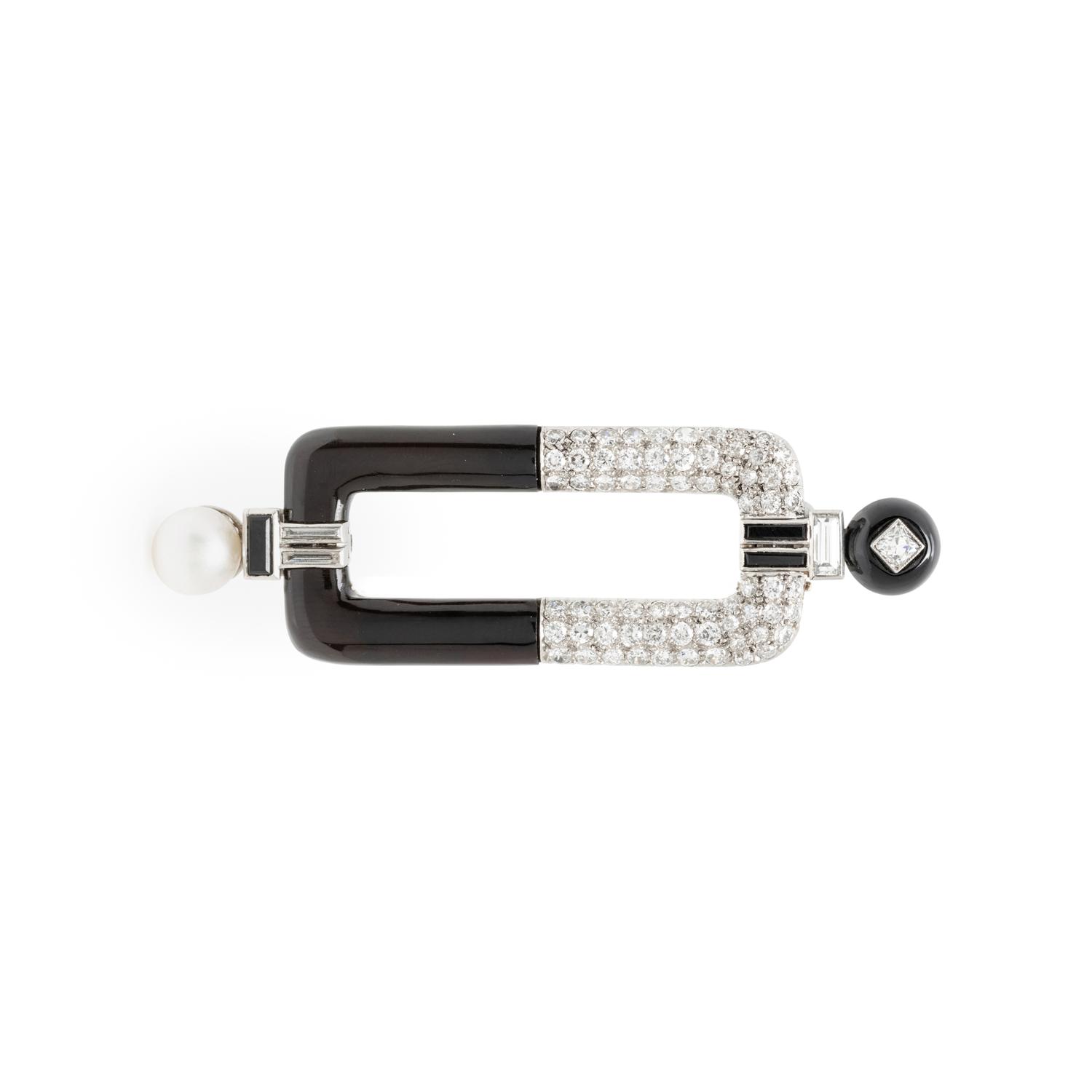DIAMOND, ONYX, AND CULTURED PEARL BROOCH