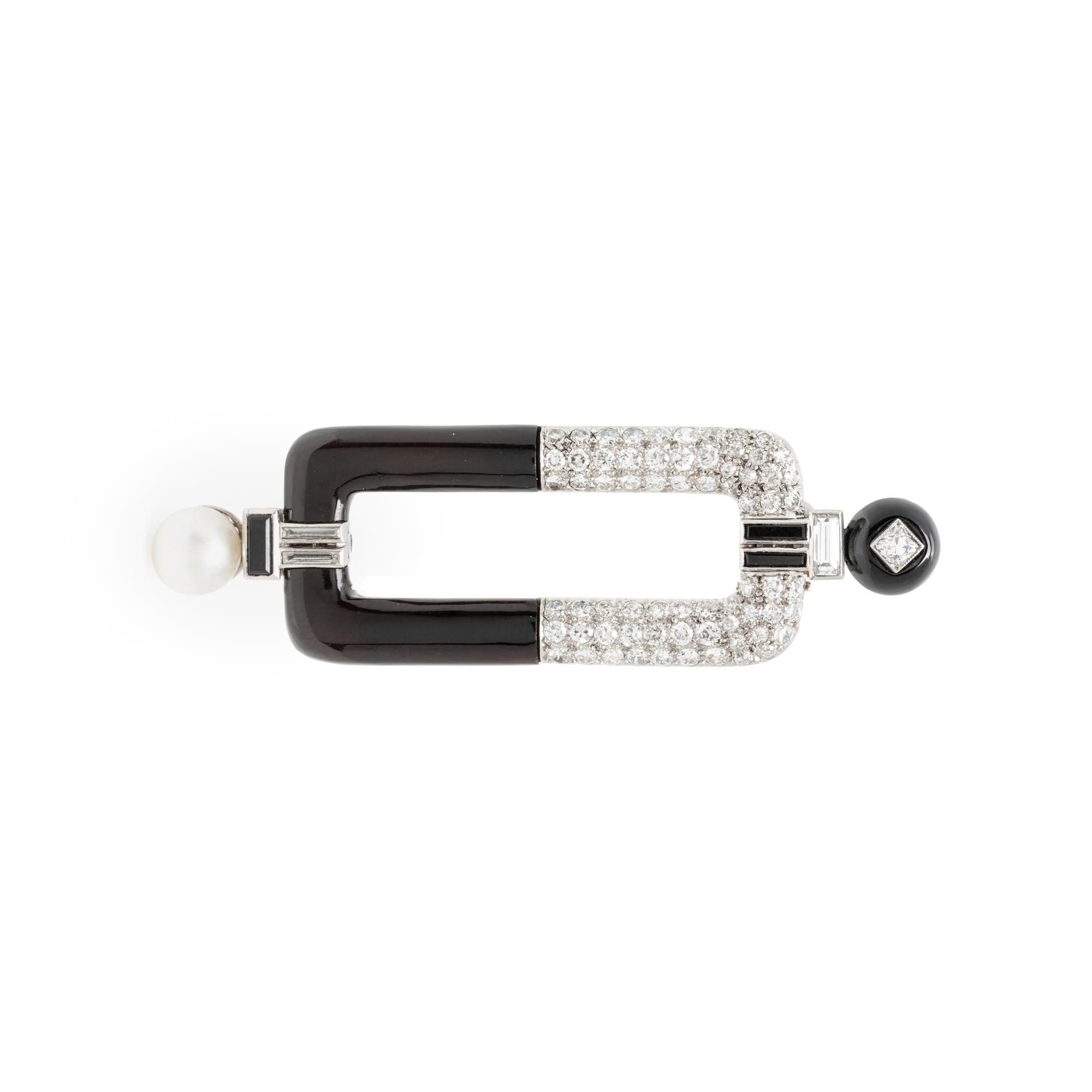 DIAMOND, ONYX, AND CULTURED PEARL BROOCH