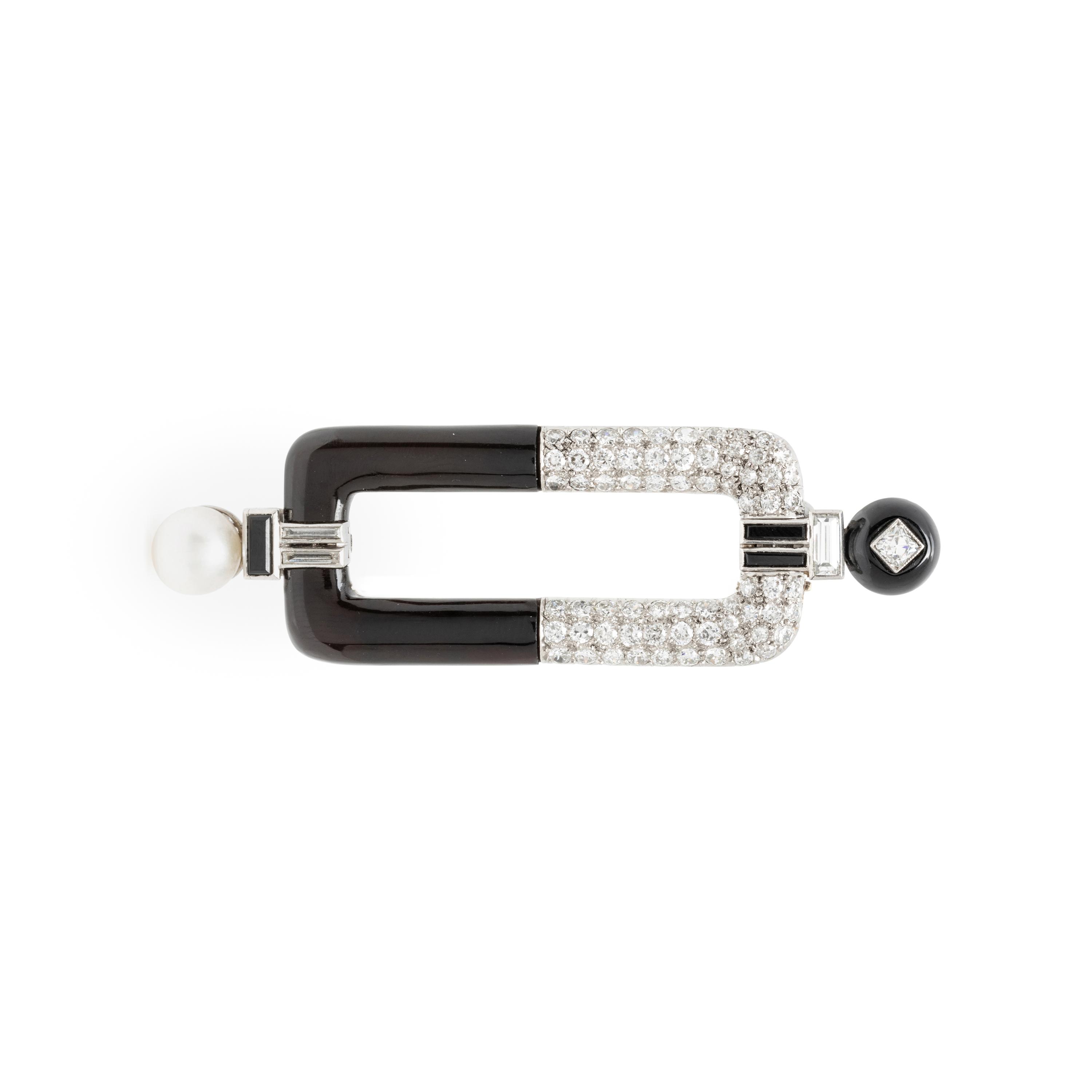 DIAMOND, ONYX, AND CULTURED PEARL BROOCH
