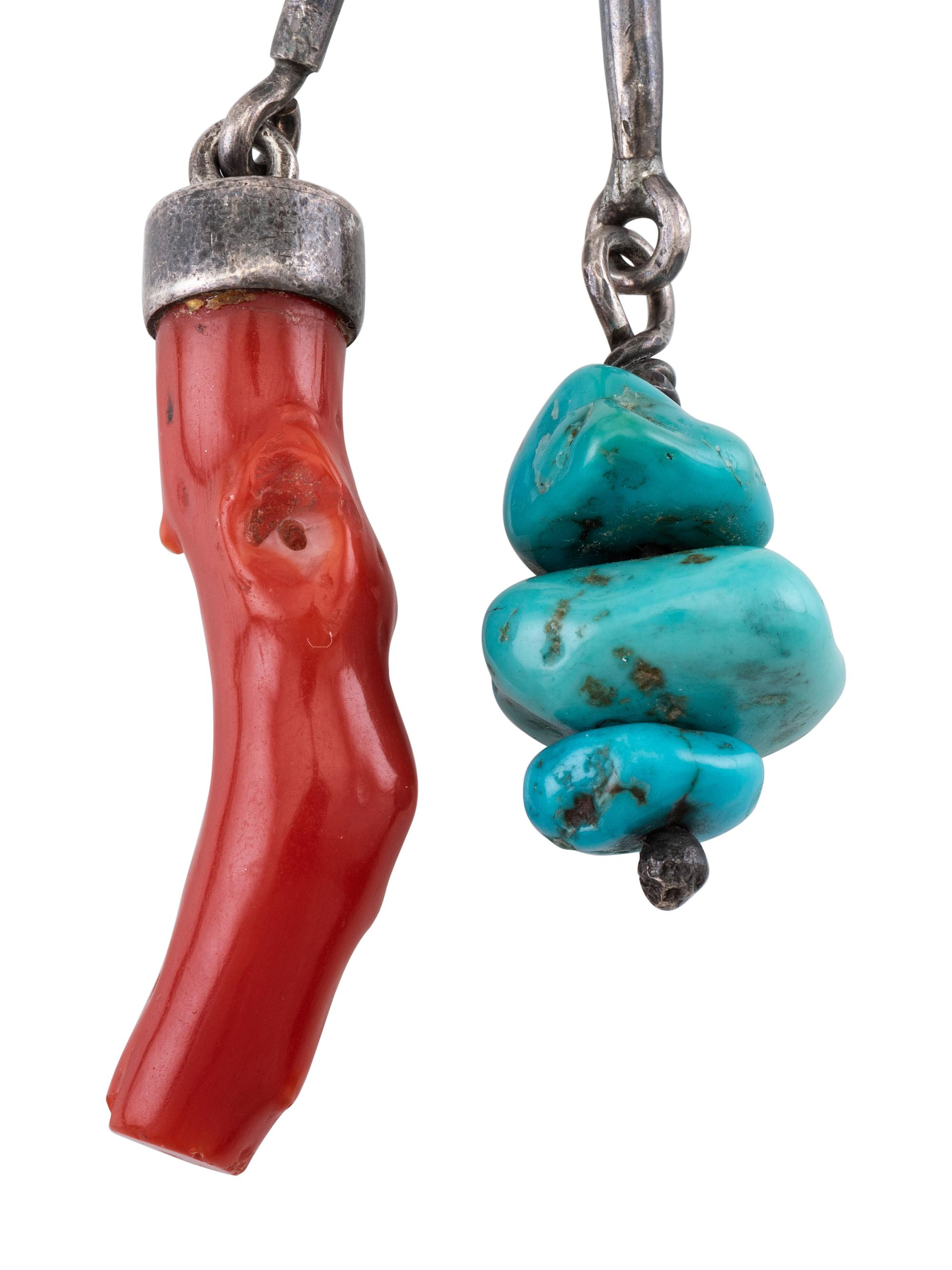 Southwestern-style Sterling Silver Bolo Tie, set with Coral and Turquoise in a Shadow Box Design