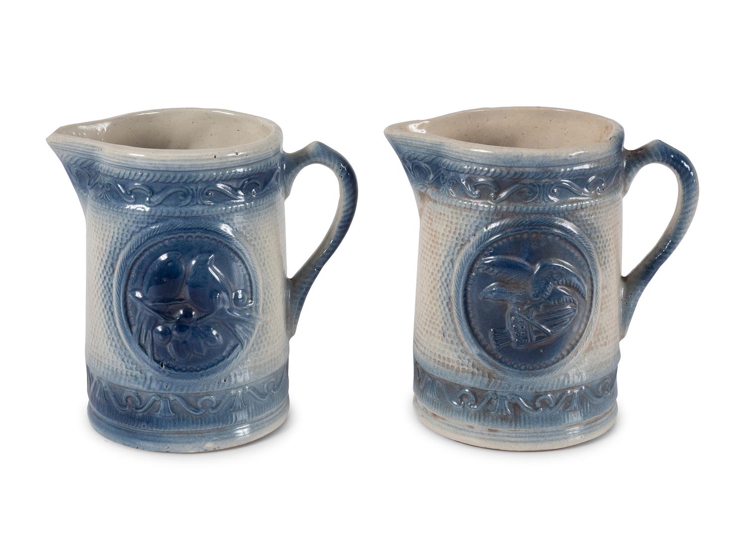 A Pair of Salt Glaze Stoneware Eagle and Bird Pitchers