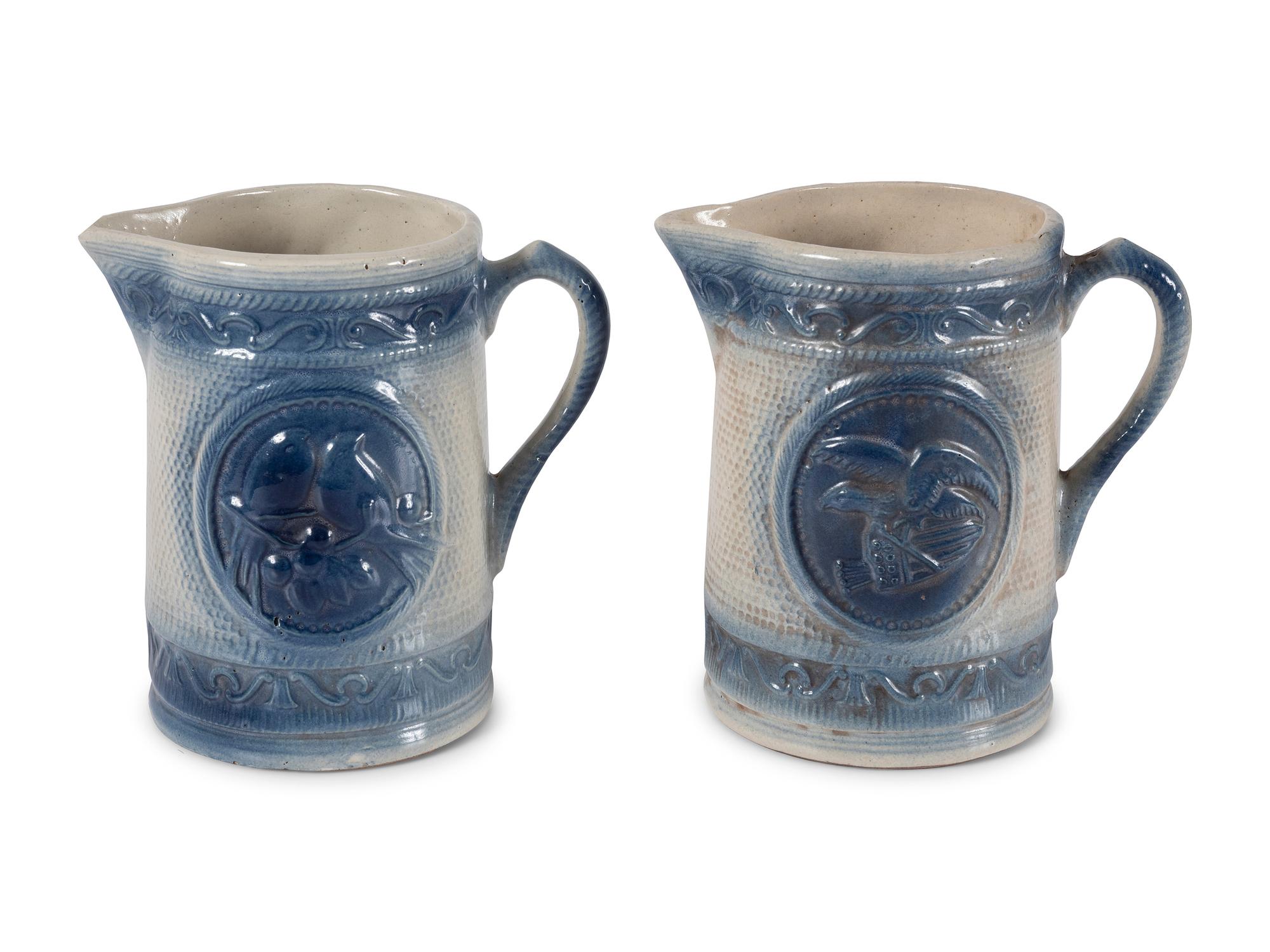 A Pair of Salt Glaze Stoneware Eagle and Bird Pitchers