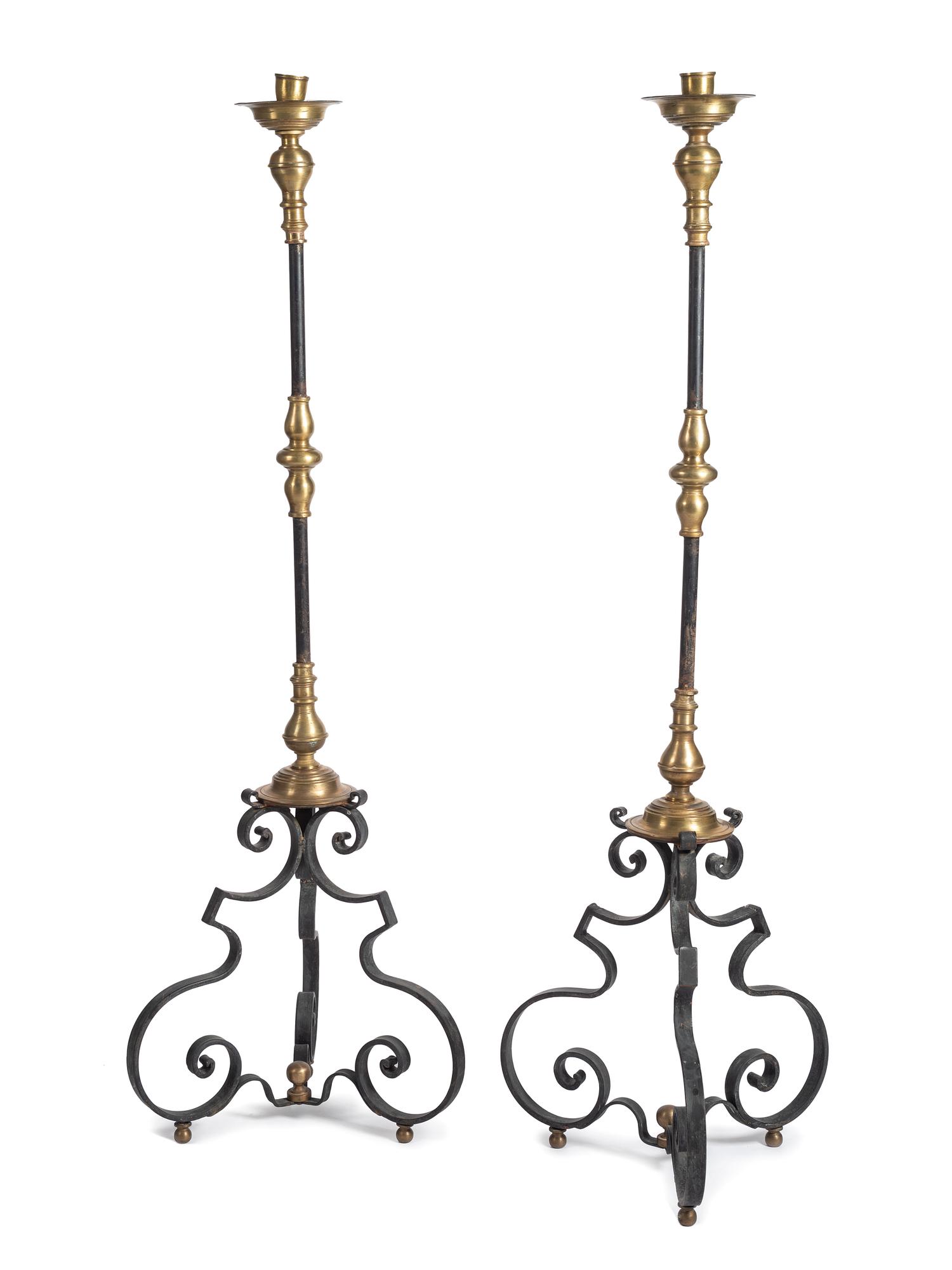 A Pair of Baroque Style Wrought Iron and Brass Pricket Stands