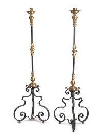 A Pair of Baroque Style Wrought Iron and Brass Pricket Stands