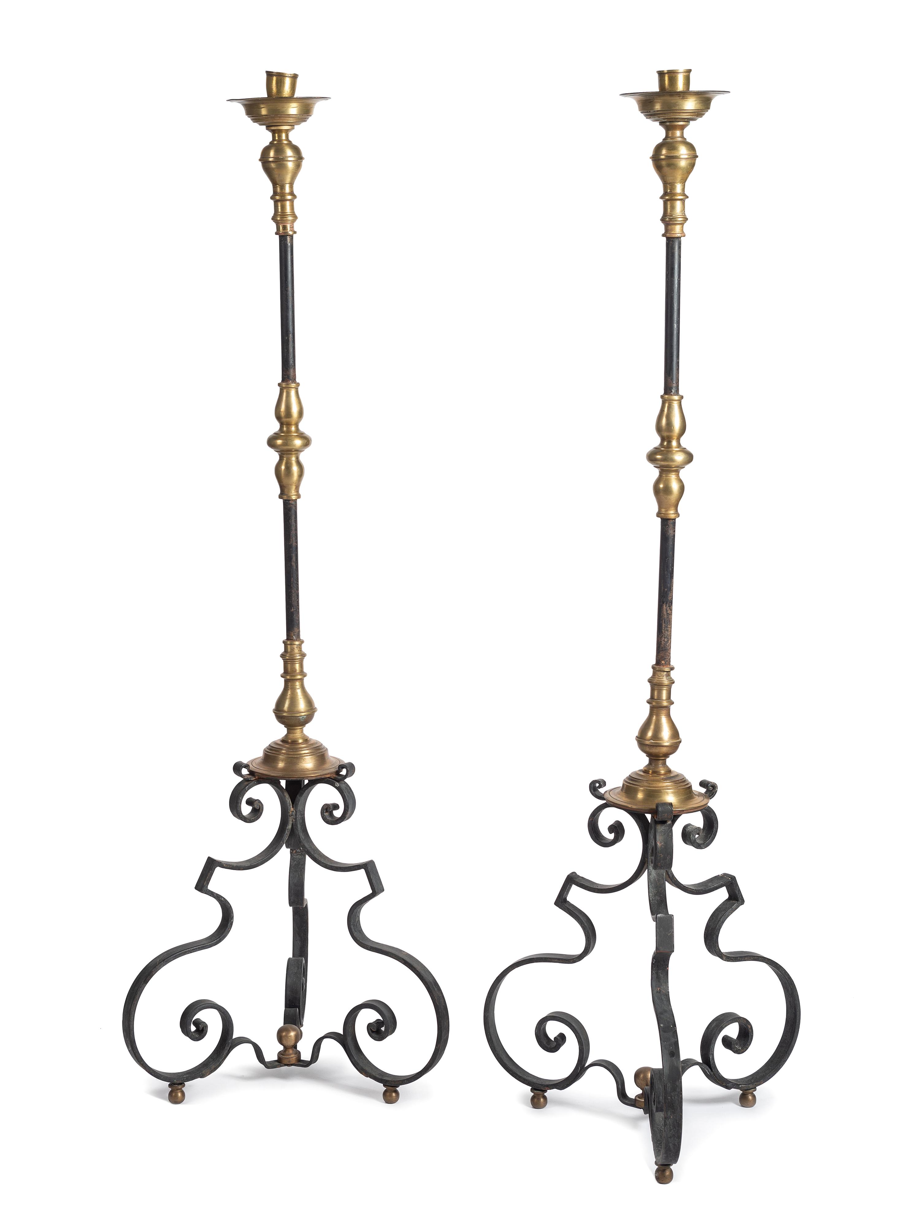 A Pair of Baroque Style Wrought Iron and Brass Pricket Stands