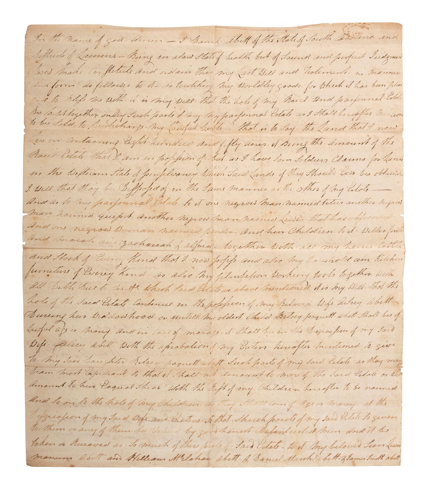 [SLAVERY & ABOLITION]. Manuscript last will and testament of enslaver Daniel Abbott, naming nine enslaved men, women, and children. District of Laurens, SC, 30 October 1800.