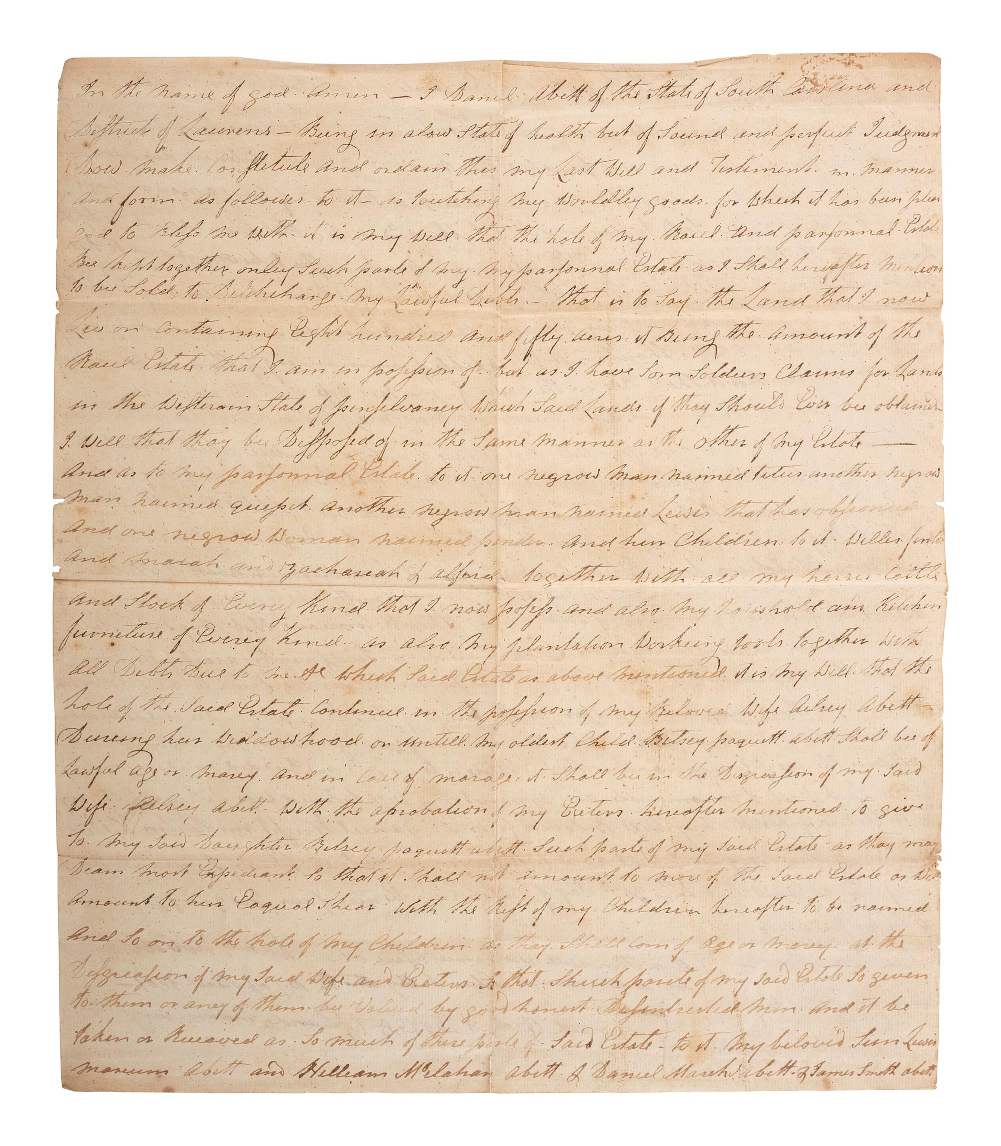 [SLAVERY & ABOLITION]. Manuscript last will and testament of enslaver Daniel Abbott, naming nine enslaved men, women, and children. District of Laurens, SC, 30 October 1800.